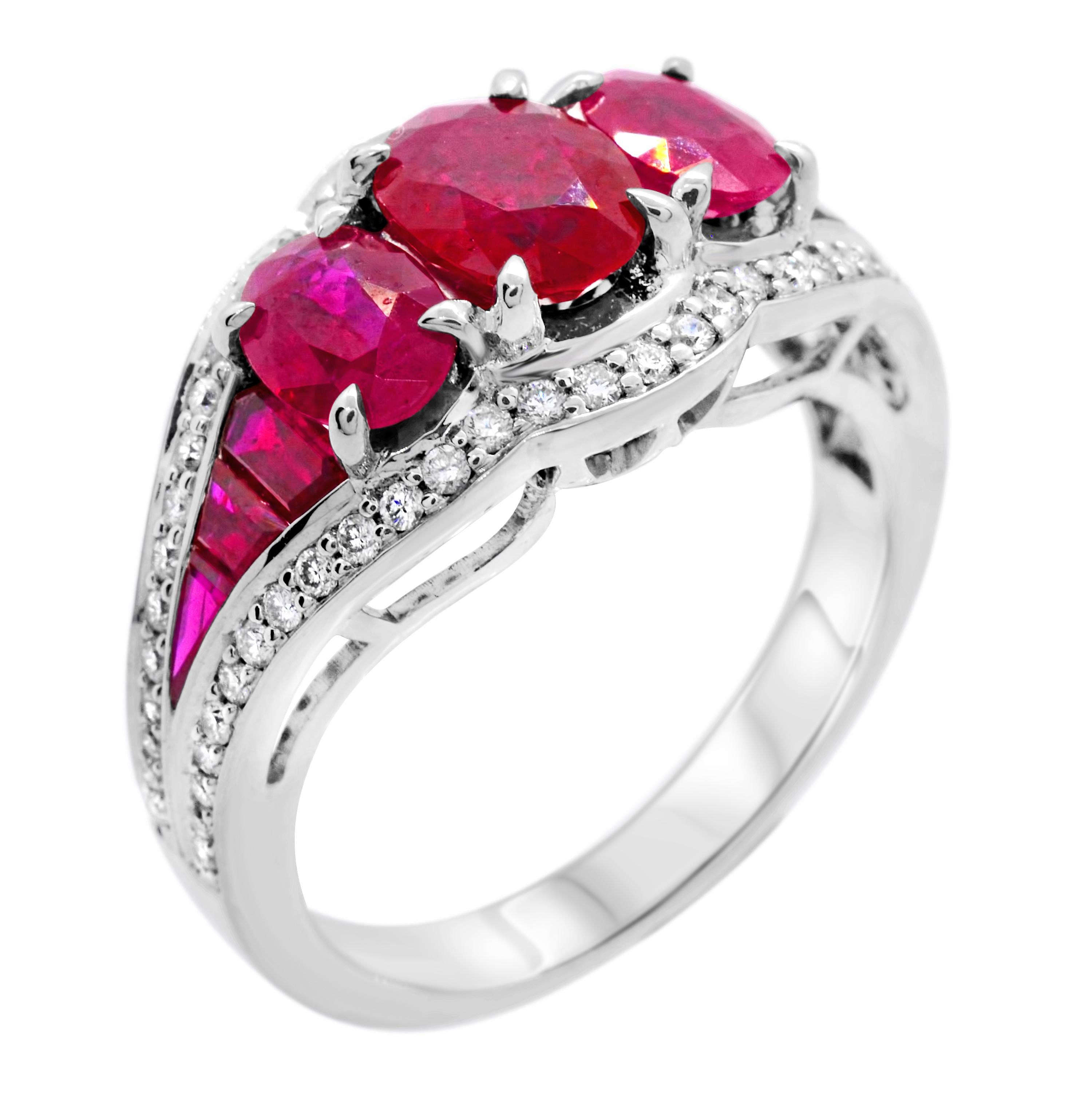 1.10 Carat Oval Three-stone Ruby Baguette Diamond 14Karat White Gold Ring In New Condition For Sale In New York, NY