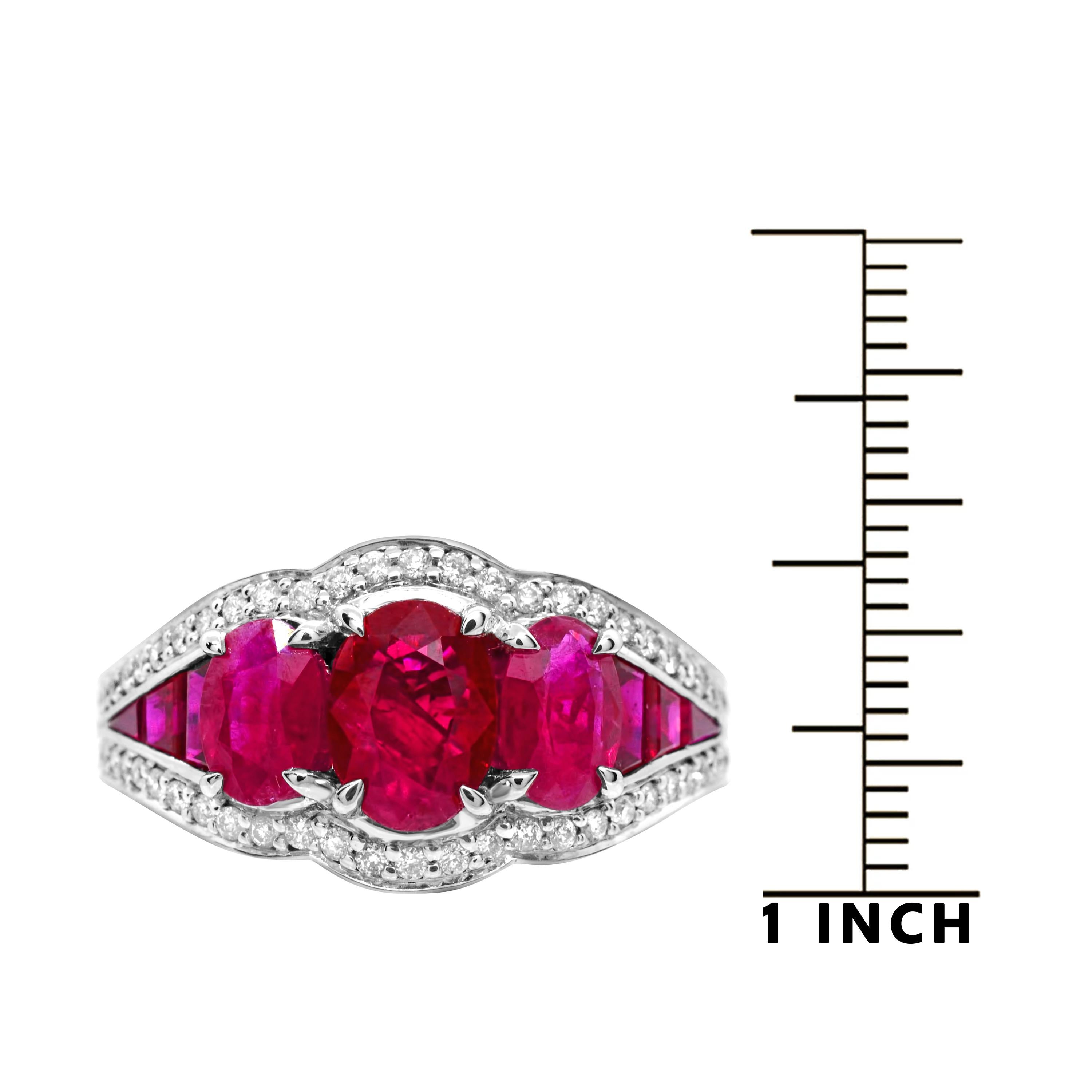 Women's 1.10 Carat Oval Three-stone Ruby Baguette Diamond 14Karat White Gold Ring For Sale