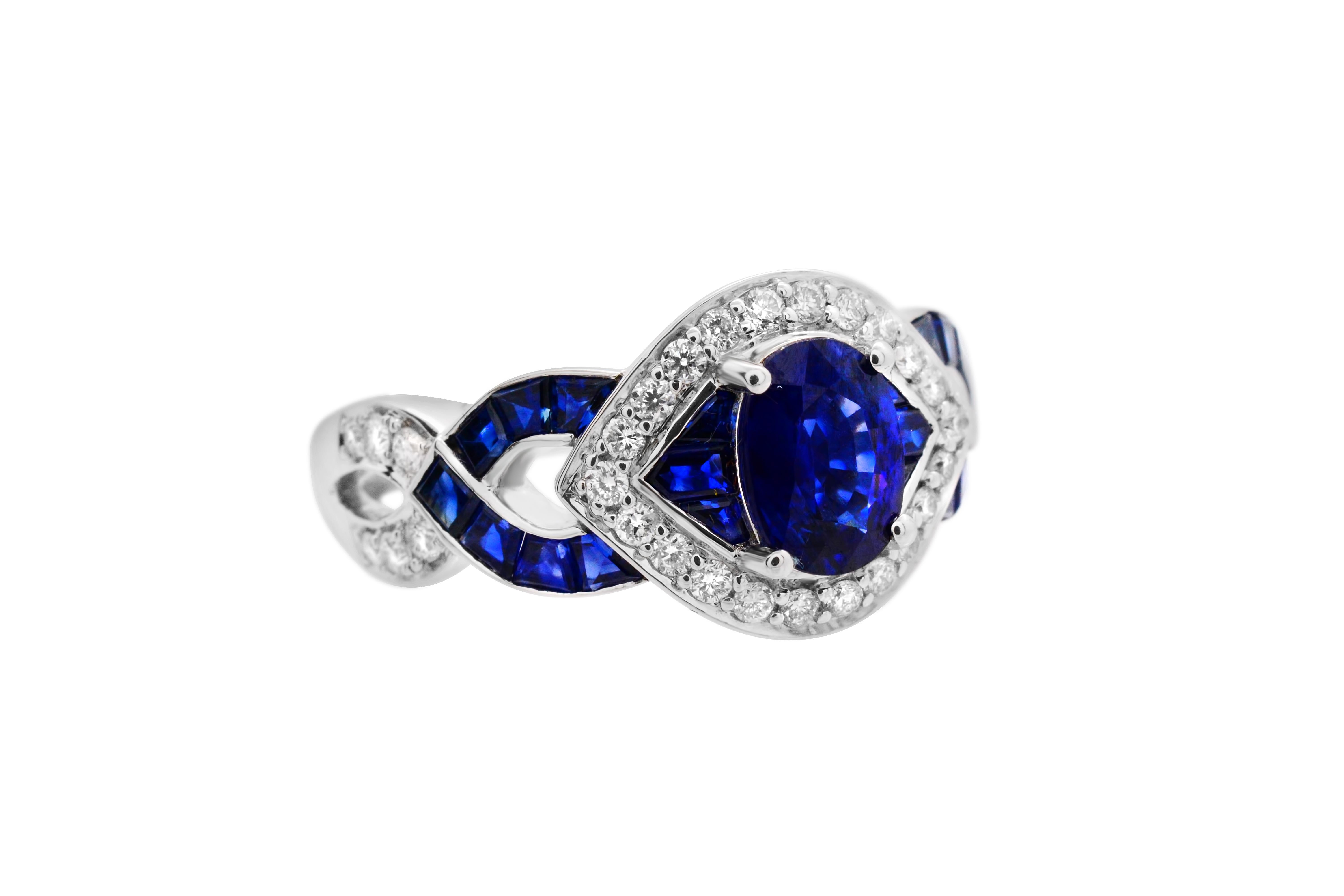 Oval Cut 1.10 Oval Sapphire Openwork 14Karat White Gold Criss Cross diamond band ring For Sale