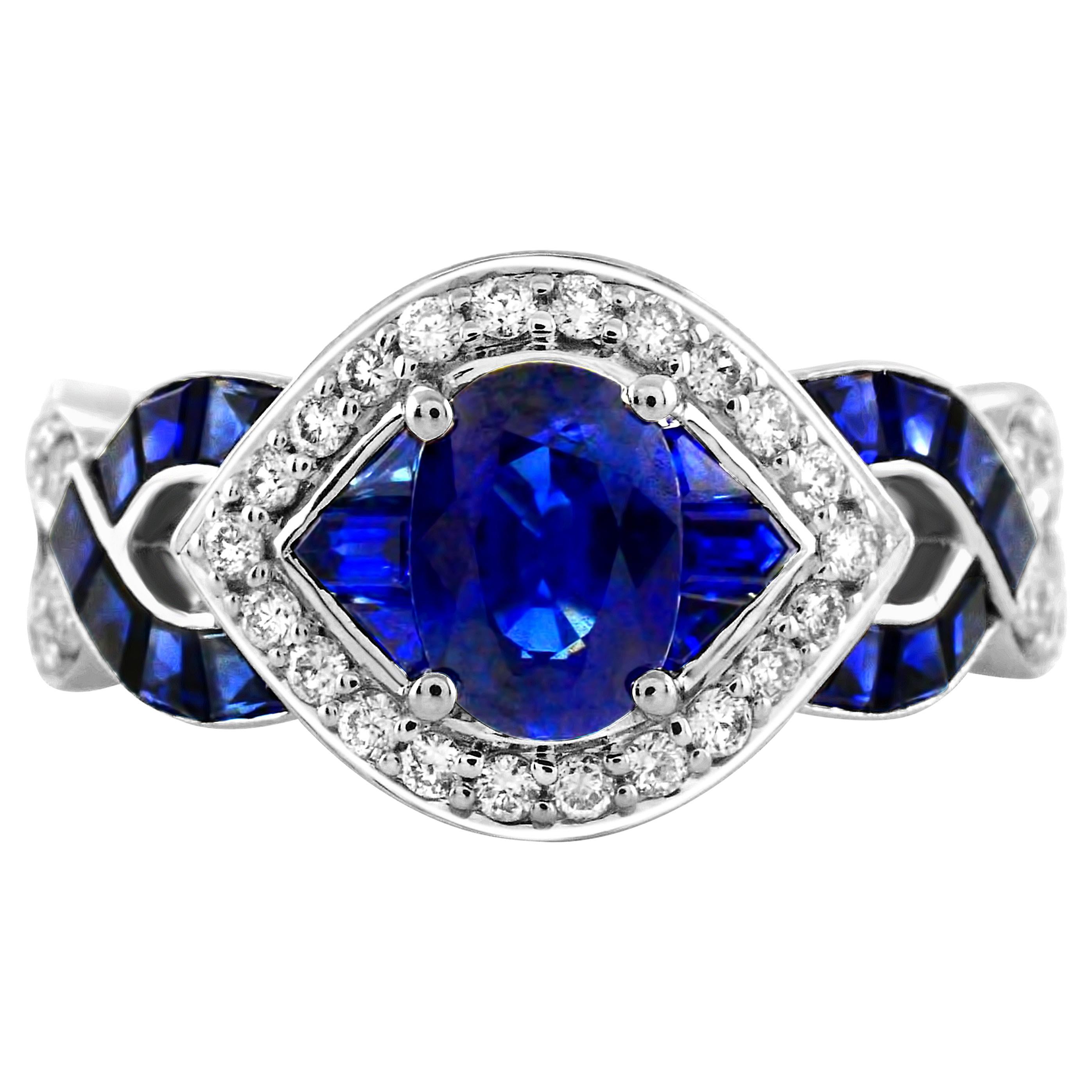 1.10 Oval Sapphire Openwork 14Karat White Gold Criss Cross diamond band ring For Sale