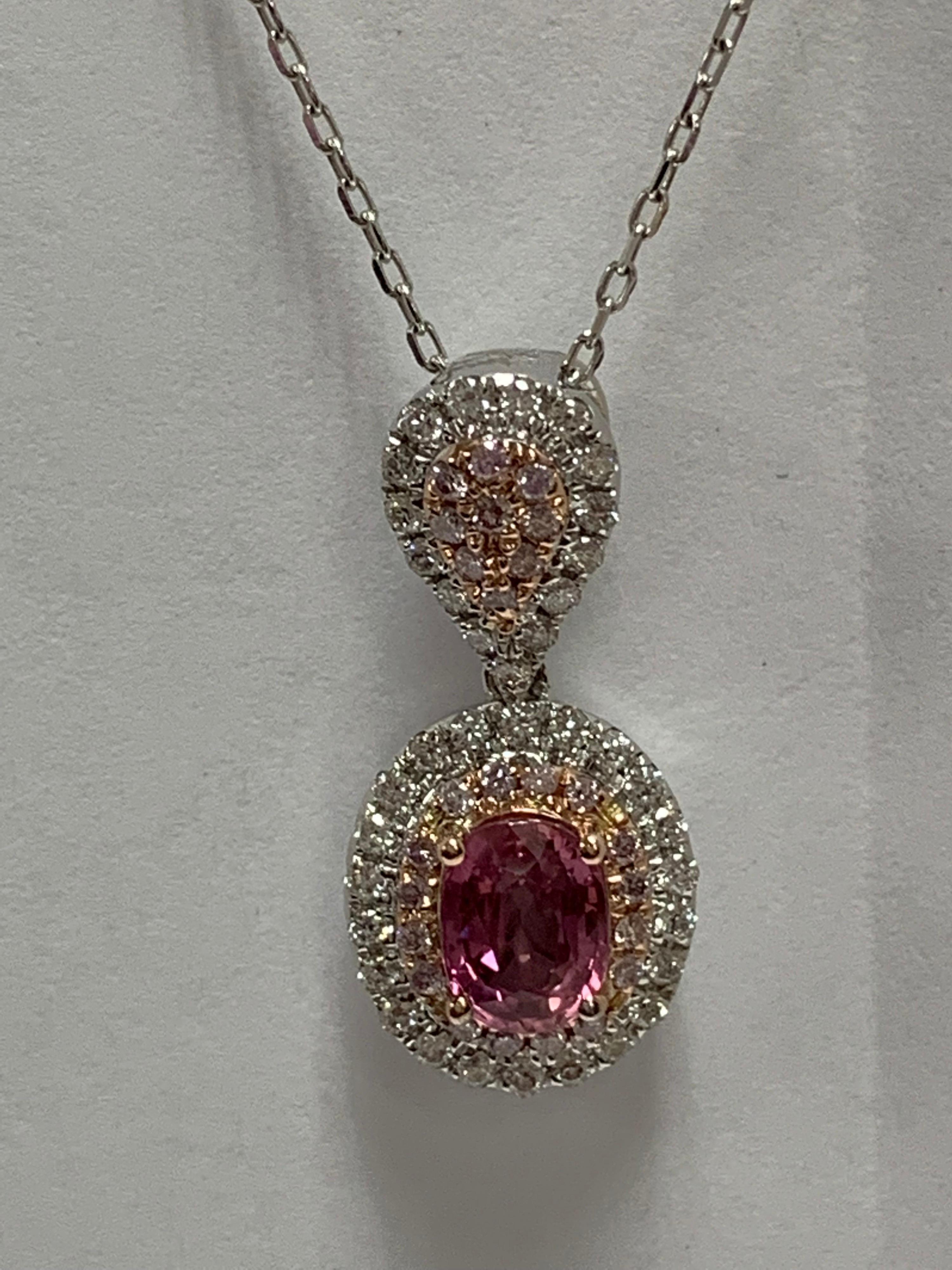 IGL Certified 1.13 Carat Padpardscha Sapphire and Diamond Pendant In Excellent Condition In Trumbull, CT