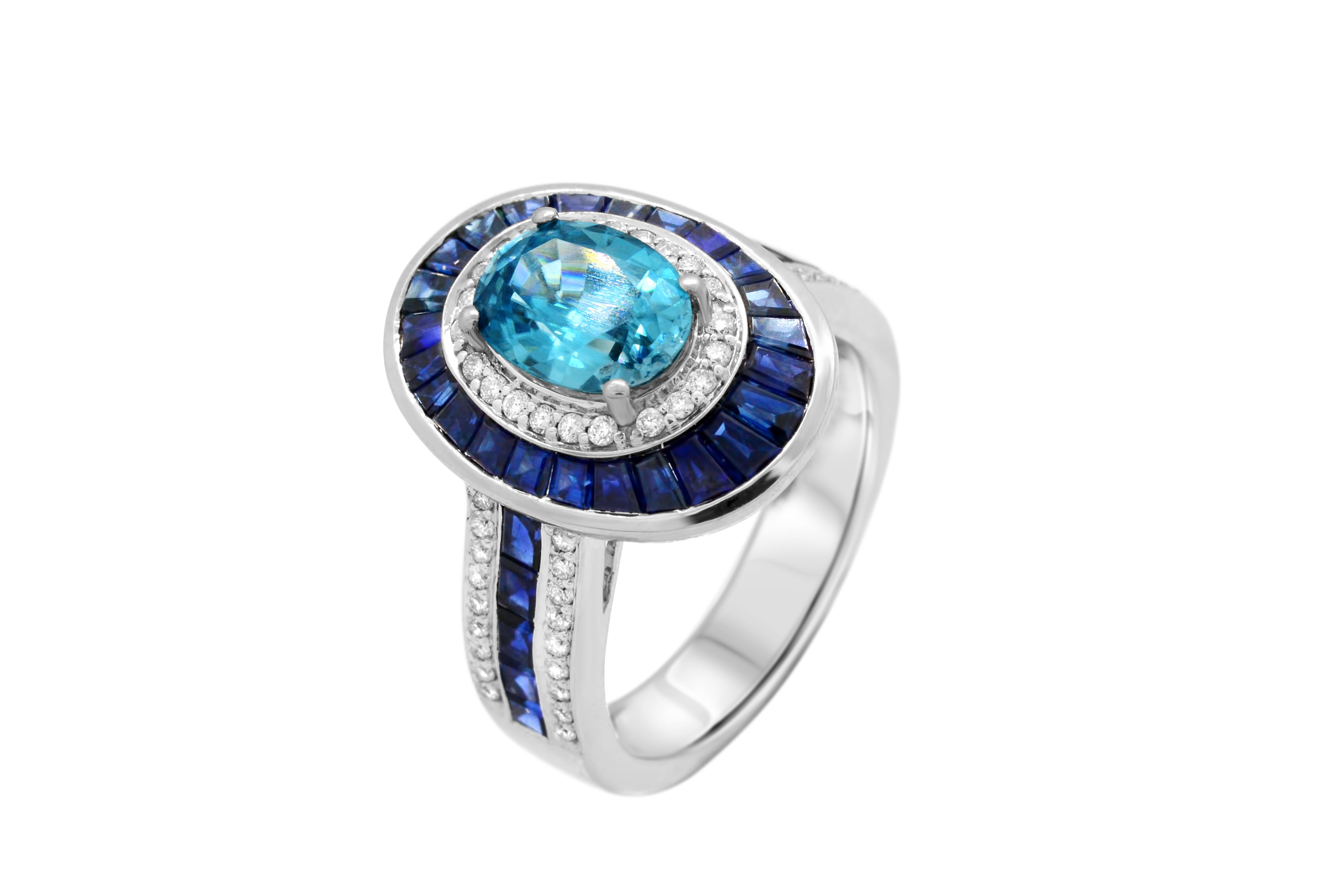 Contemporary 1.25 Carat Oval Blue Zircon Blue Sapphire and Diamond 14Karat White Gold Ring