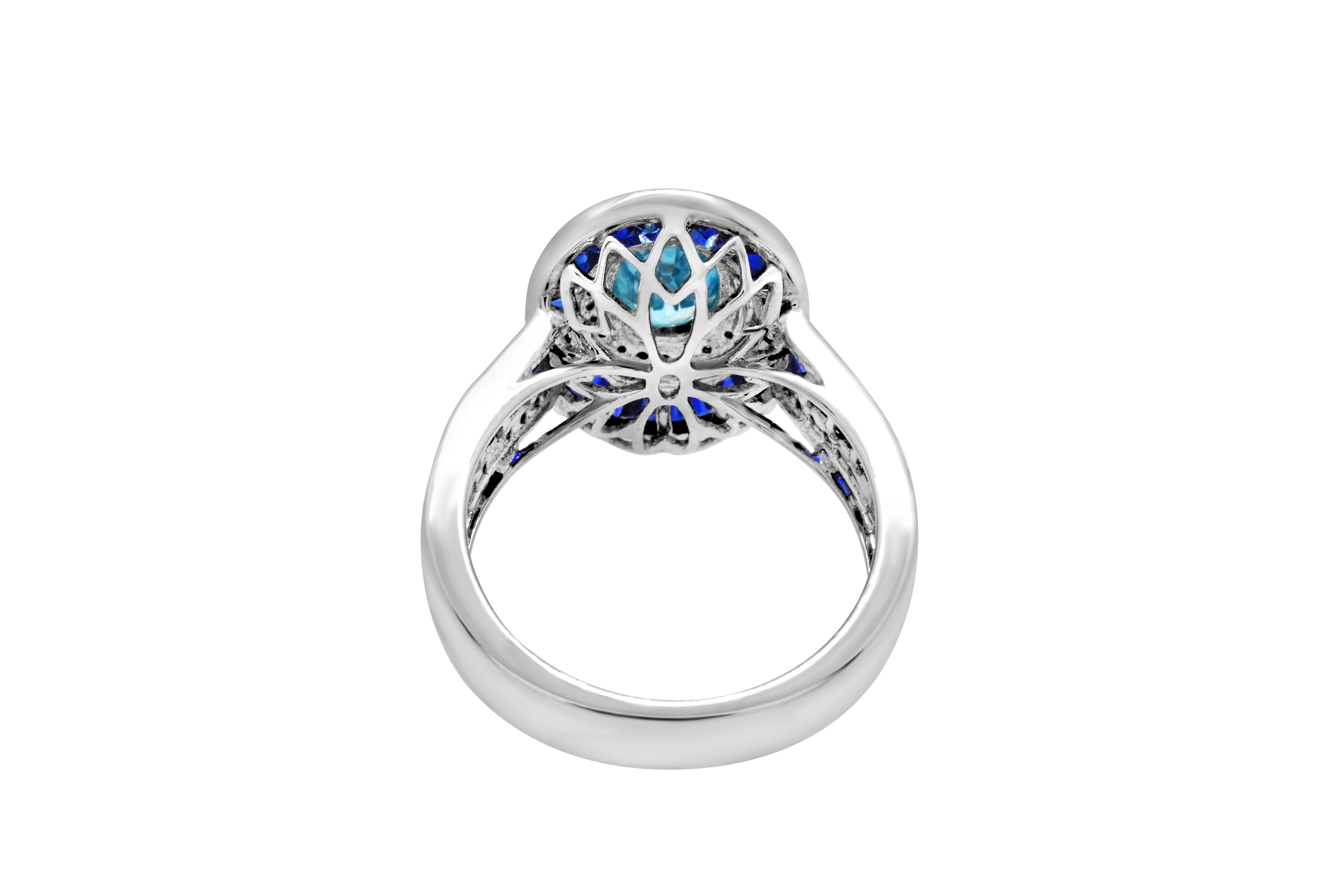 Oval Cut 1.25 Carat Oval Blue Zircon Blue Sapphire and Diamond 14Karat White Gold Ring
