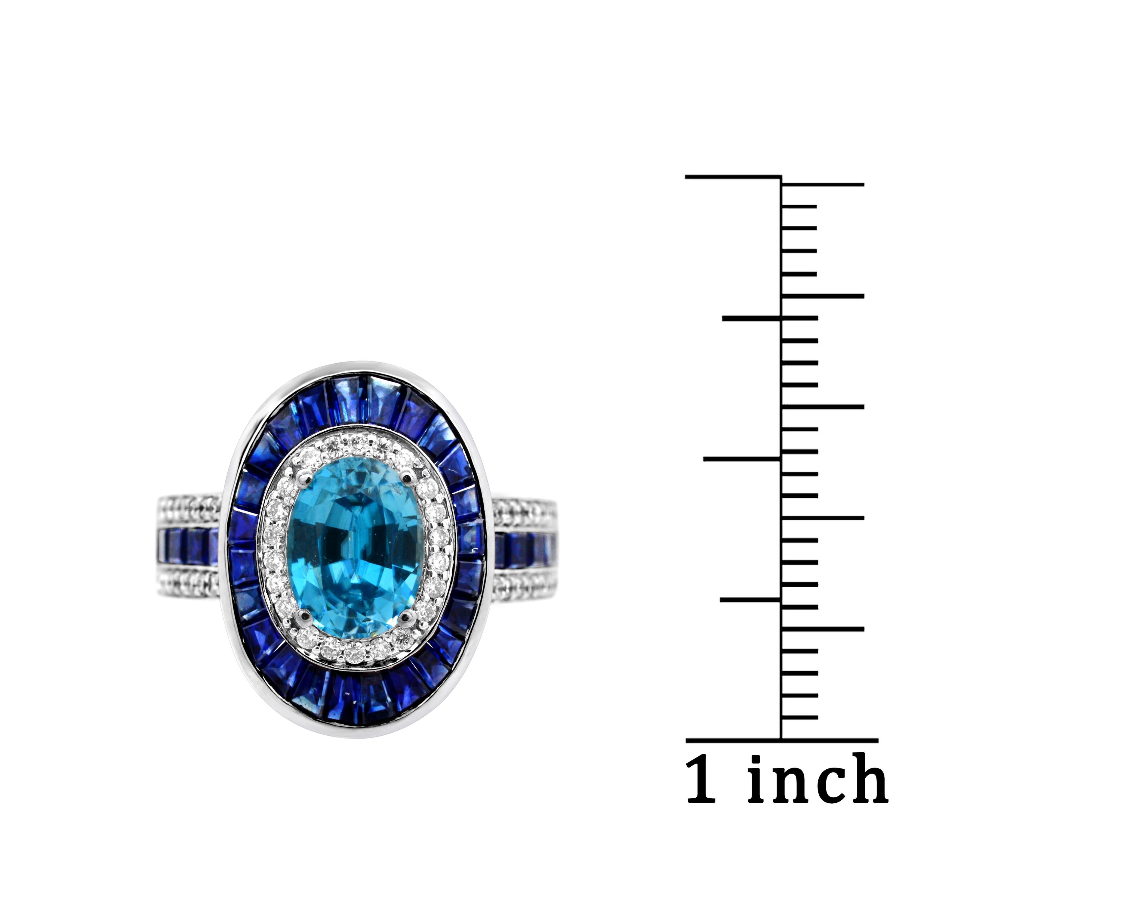 Women's or Men's 1.25 Carat Oval Blue Zircon Blue Sapphire and Diamond 14Karat White Gold Ring