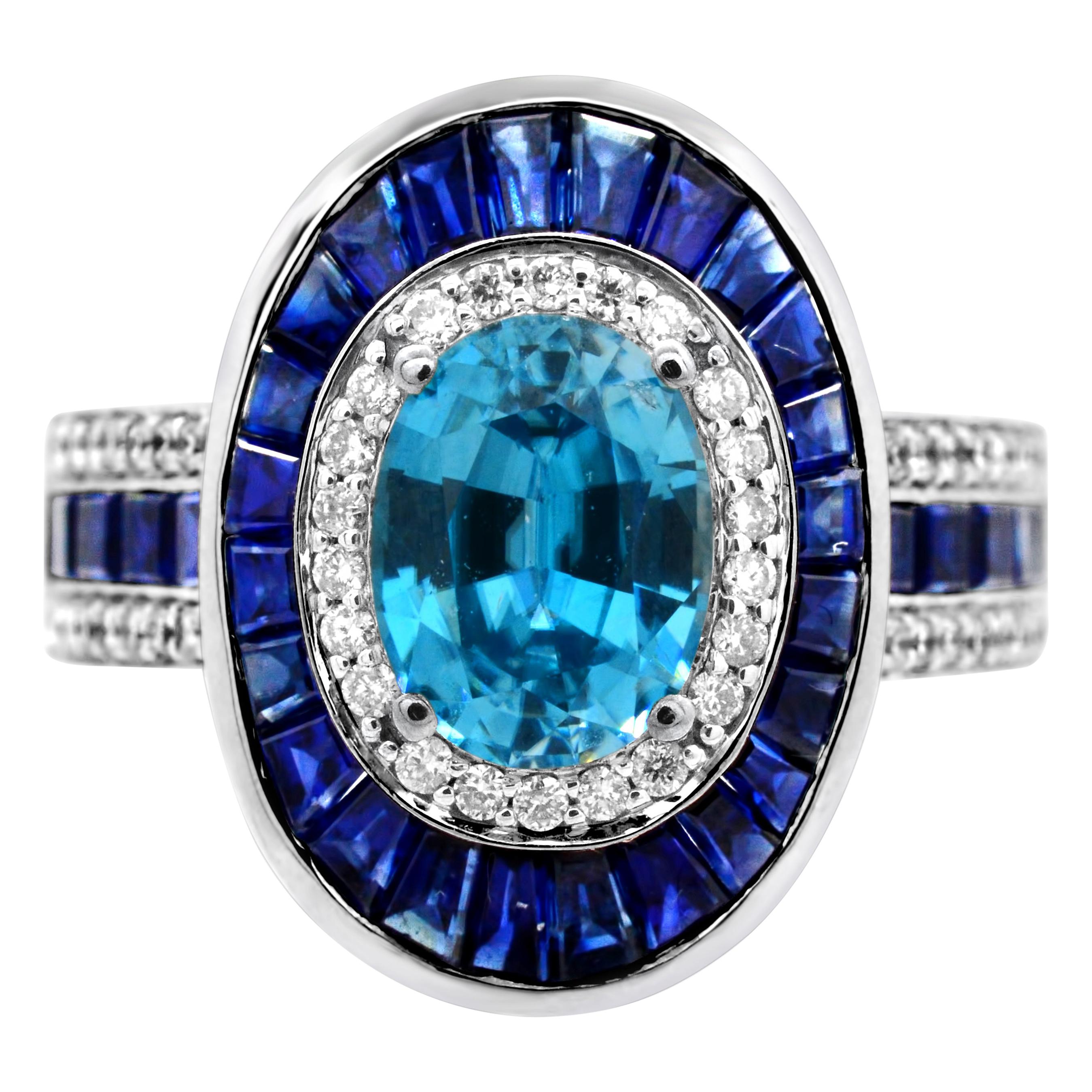 1.25 Carat Oval Blue Zircon Blue Sapphire and Diamond 14Karat White Gold Ring