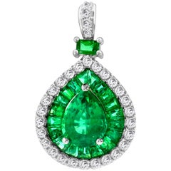 IGL Certified 1.49 Carat Pear Emerald 0.53 Diamond 14K Pendant Necklace