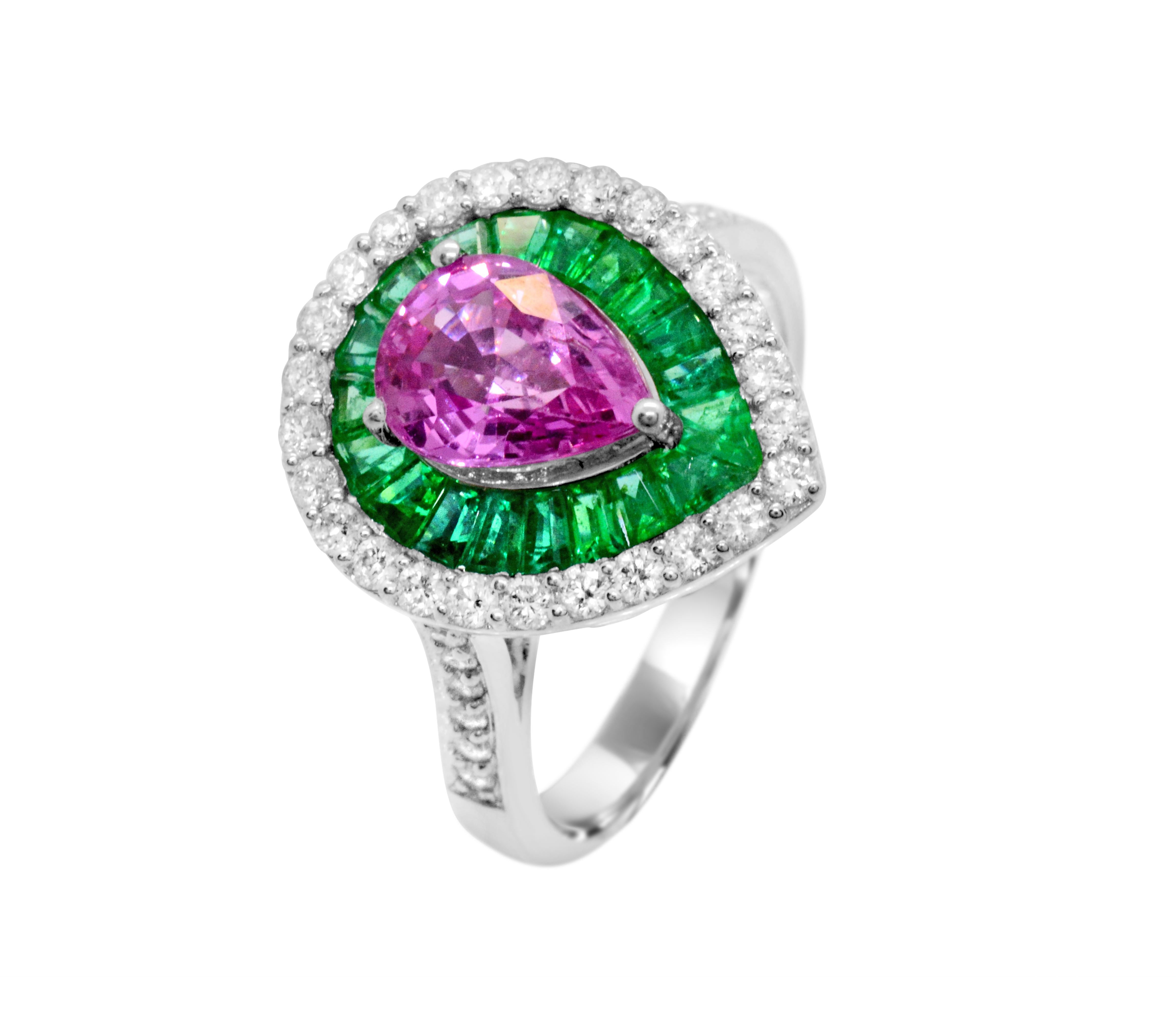 Contemporary 1.60 Carat Pear Pink Sapphire Emerald Diamond 14Karat White Gold Cocktail Ring For Sale