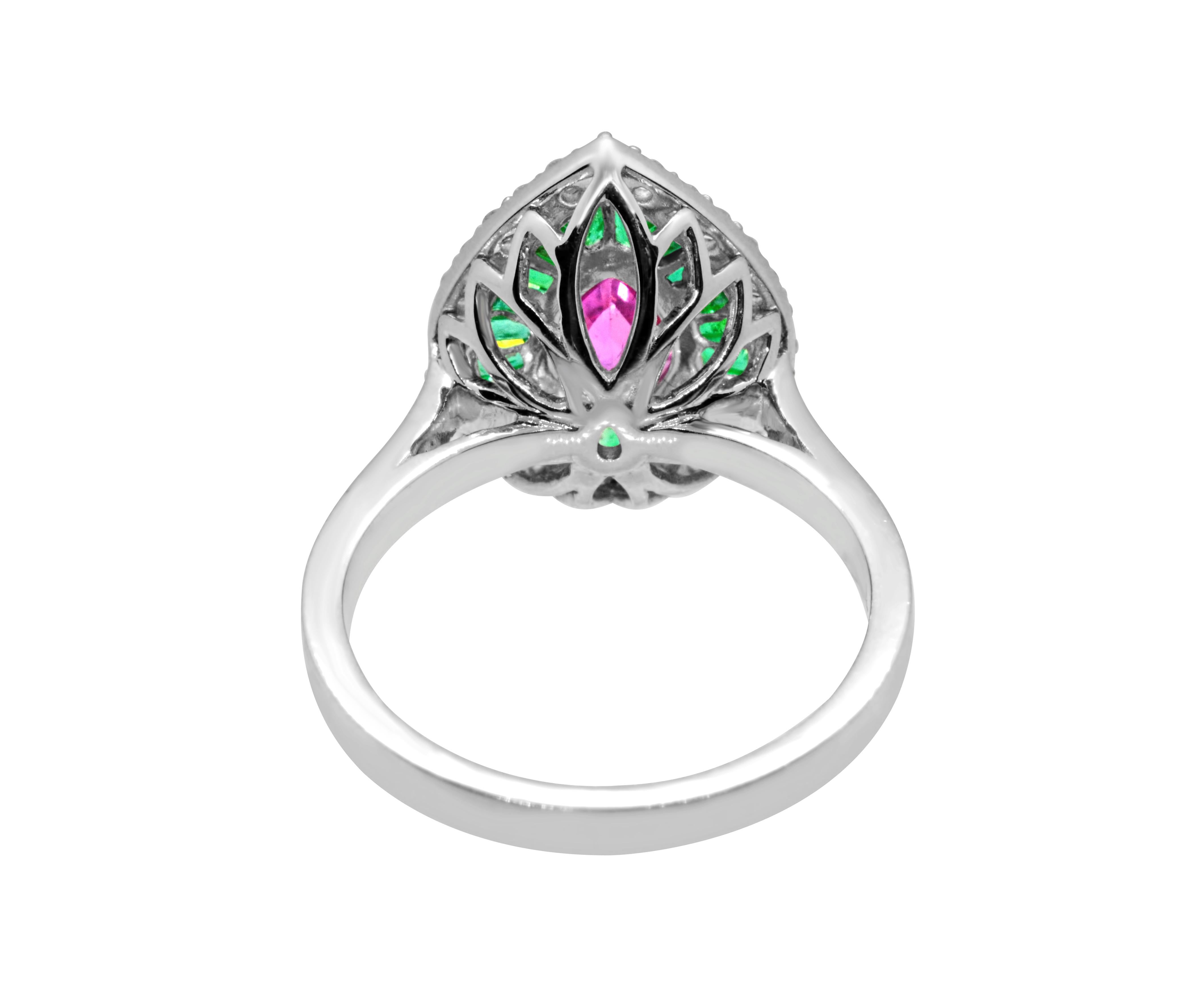 1.60 Carat Pear Pink Sapphire Emerald Diamond 14Karat White Gold Cocktail Ring In New Condition For Sale In New York, NY