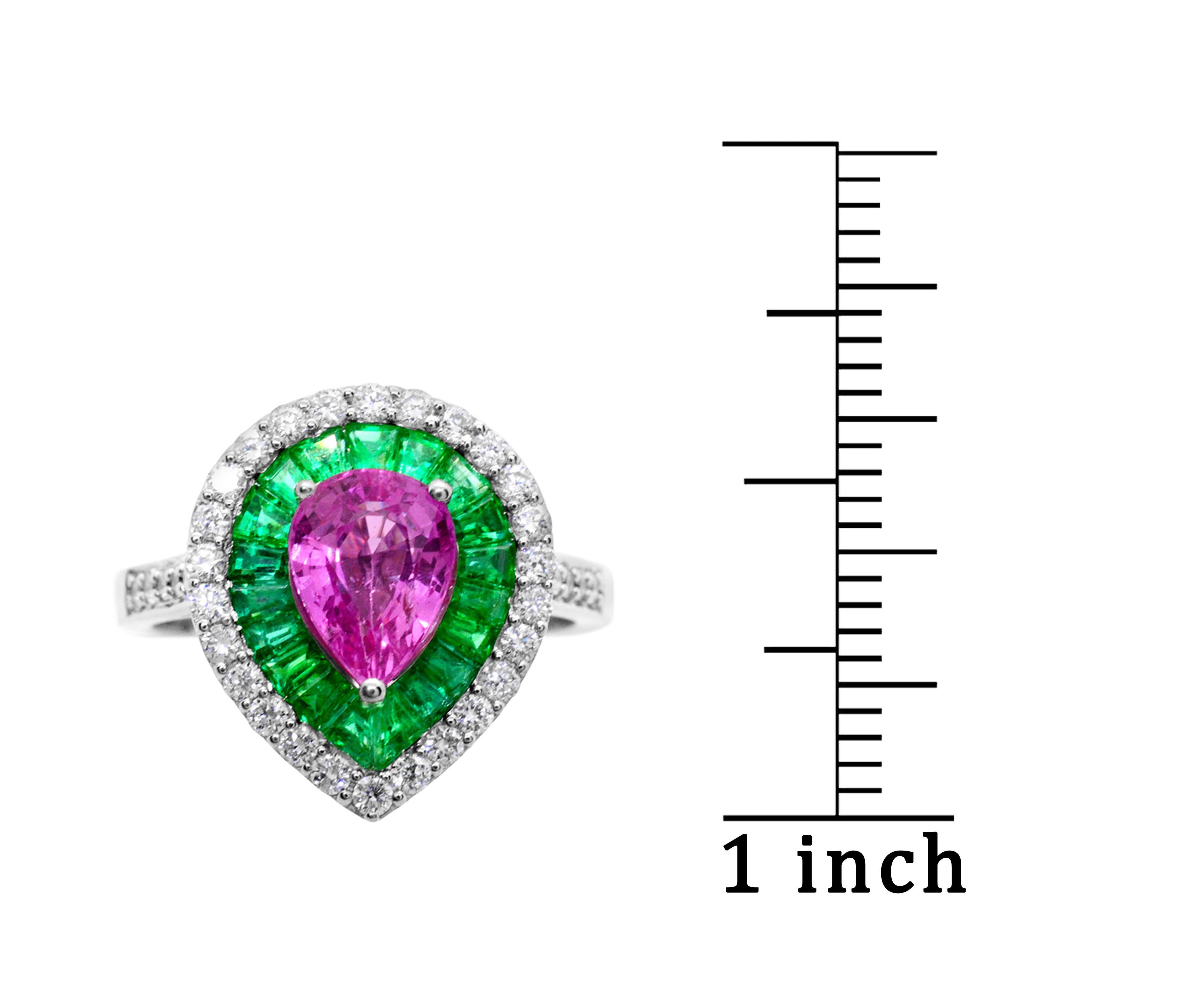 1.60 Carat Pear Pink Sapphire Emerald Diamond 14Karat White Gold Cocktail Ring For Sale 1
