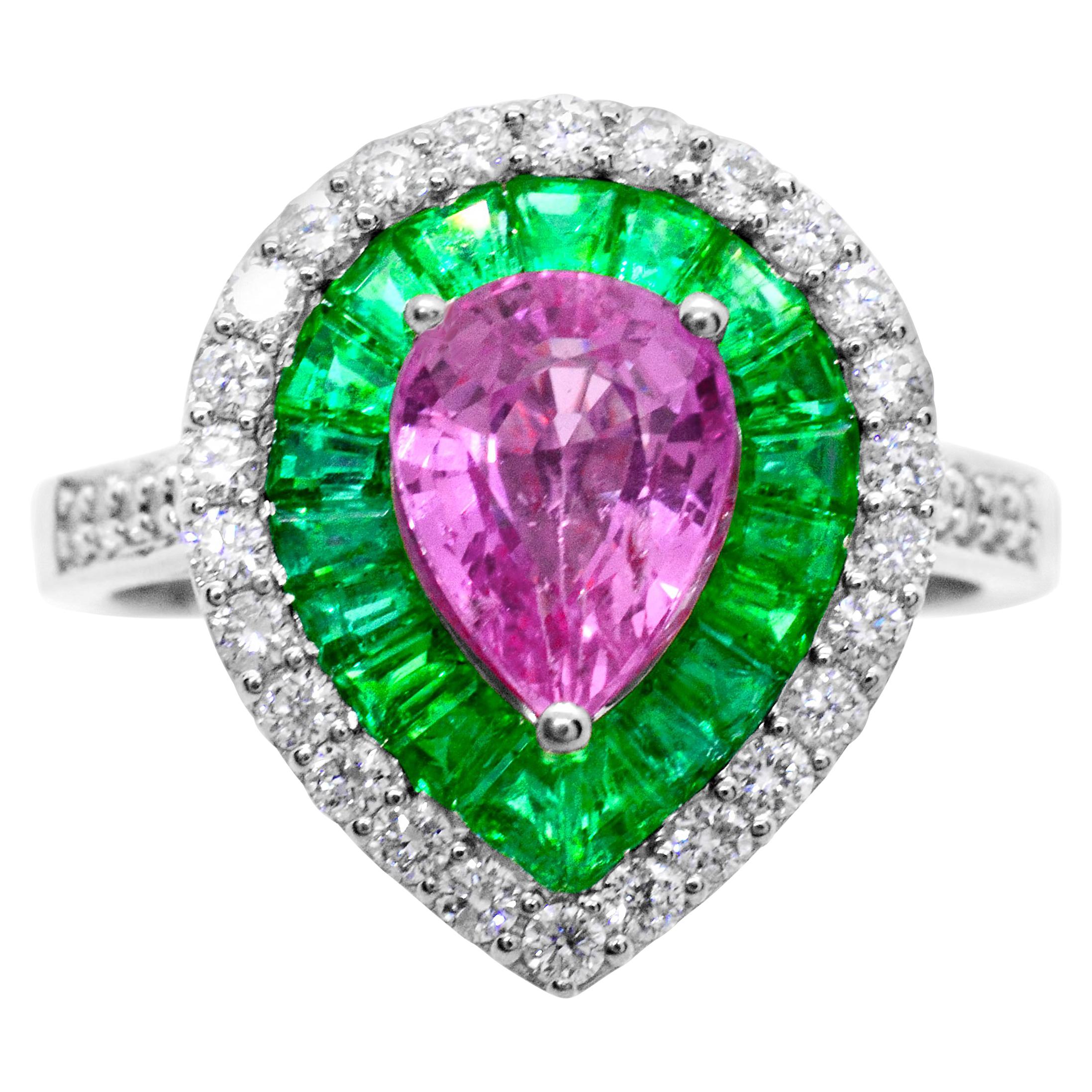 1.60 Carat Pear Pink Sapphire Emerald Diamond 14Karat White Gold Cocktail Ring For Sale