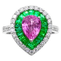 1.60 Carat Pear Pink Sapphire Emerald Diamond 14Karat White Gold Cocktail Ring