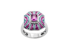1.61 Carat Emerald Cut Pink Sapphire Blue Topaz 14Karat White Gold Cocktail Ring
