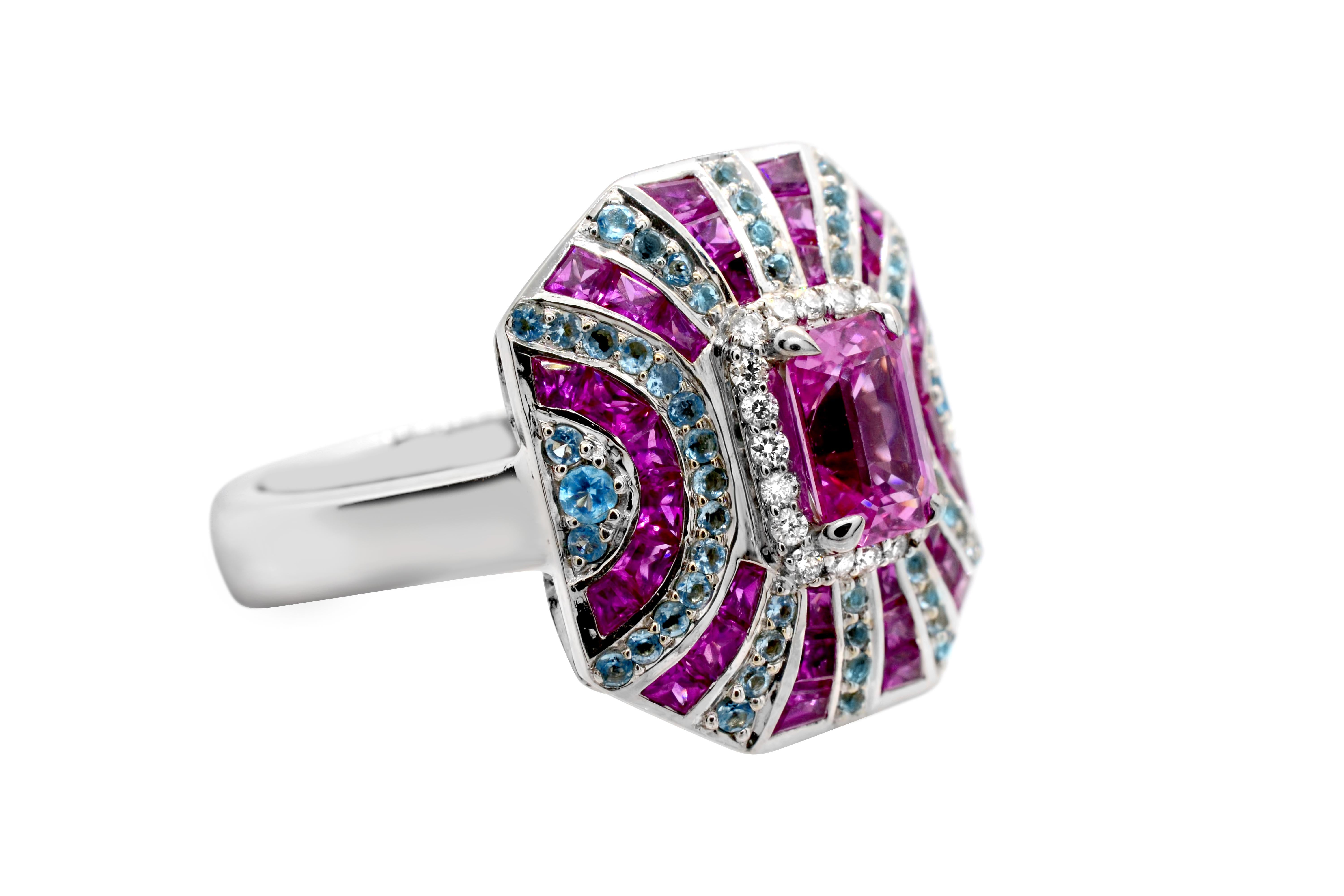 1.61 Carat Emerald Cut Pink Sapphire Blue Topaz 14Karat White Gold Cocktail Ring In New Condition For Sale In New York, NY