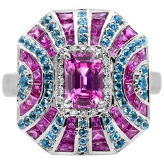 1.61 Carat Emerald Cut Pink Sapphire Blue Topaz 14Karat White Gold Cocktail Ring