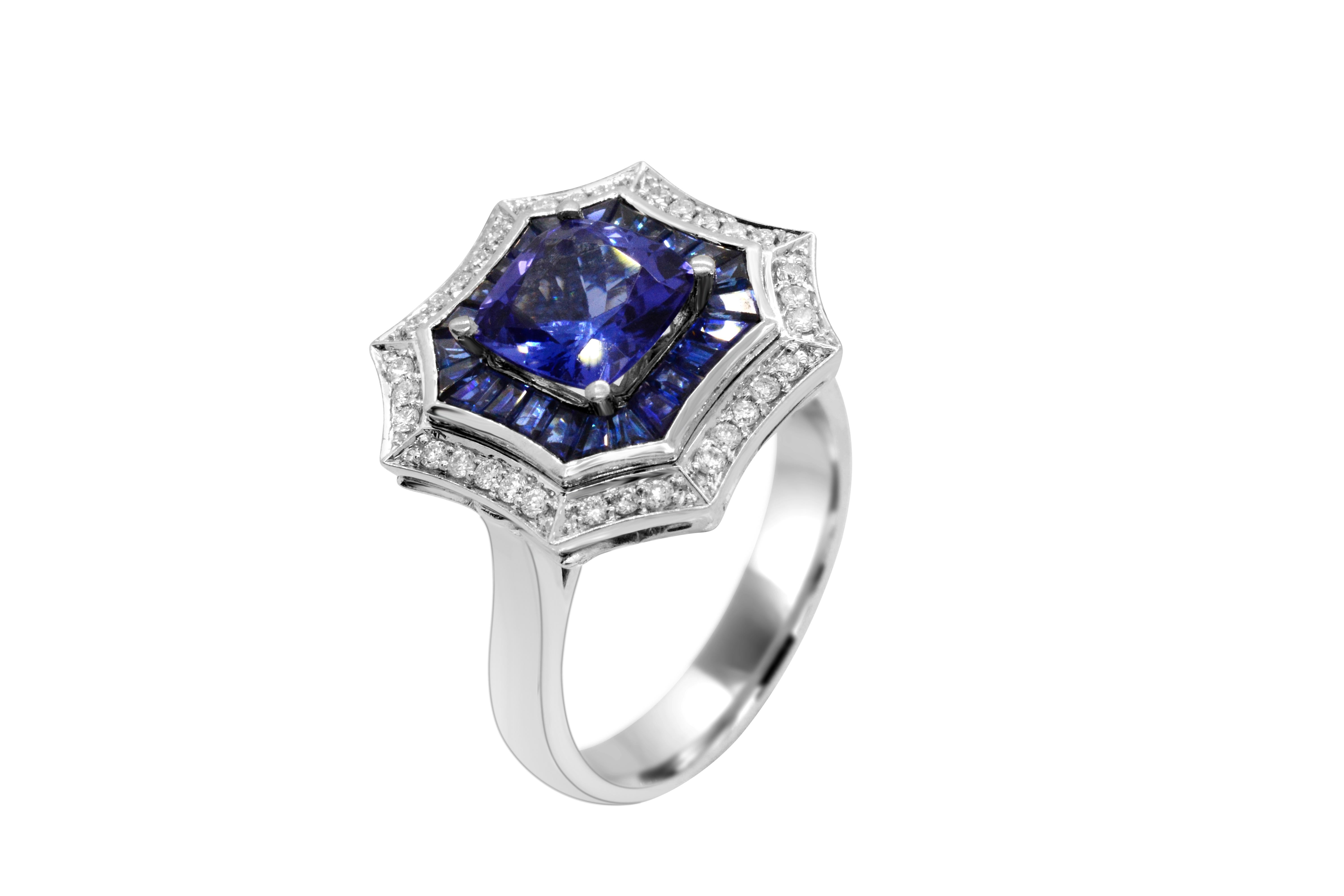 A gorgeous ring of exceptional design.  This octagonal cocktail ring is unique in its styling as well as impressive in its execution. We call it our 