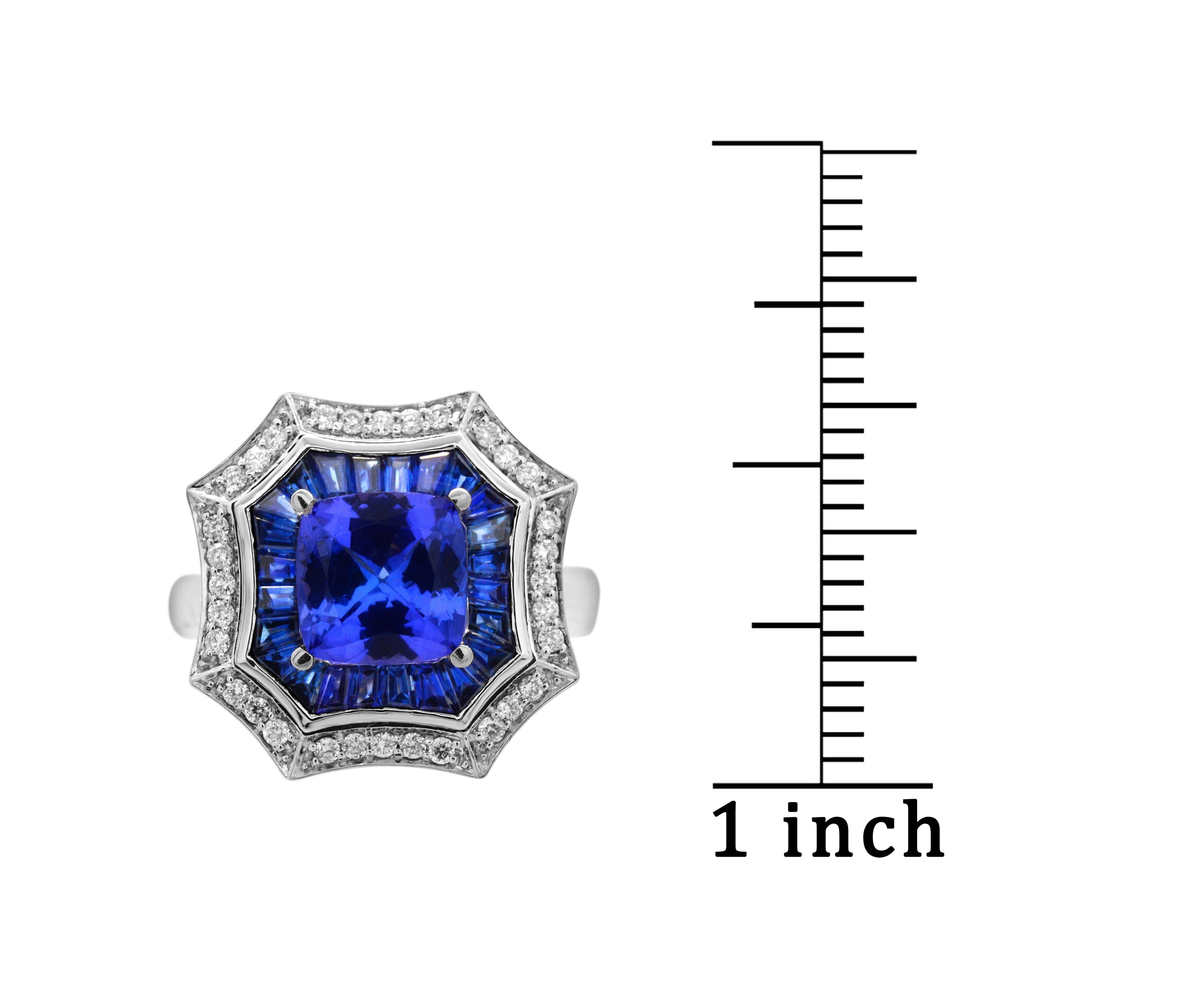1.45 Cushion Tanzanite Baguette Sapphire Diamond 14K White Gold Cocktail Ring s7 In New Condition For Sale In New York, NY