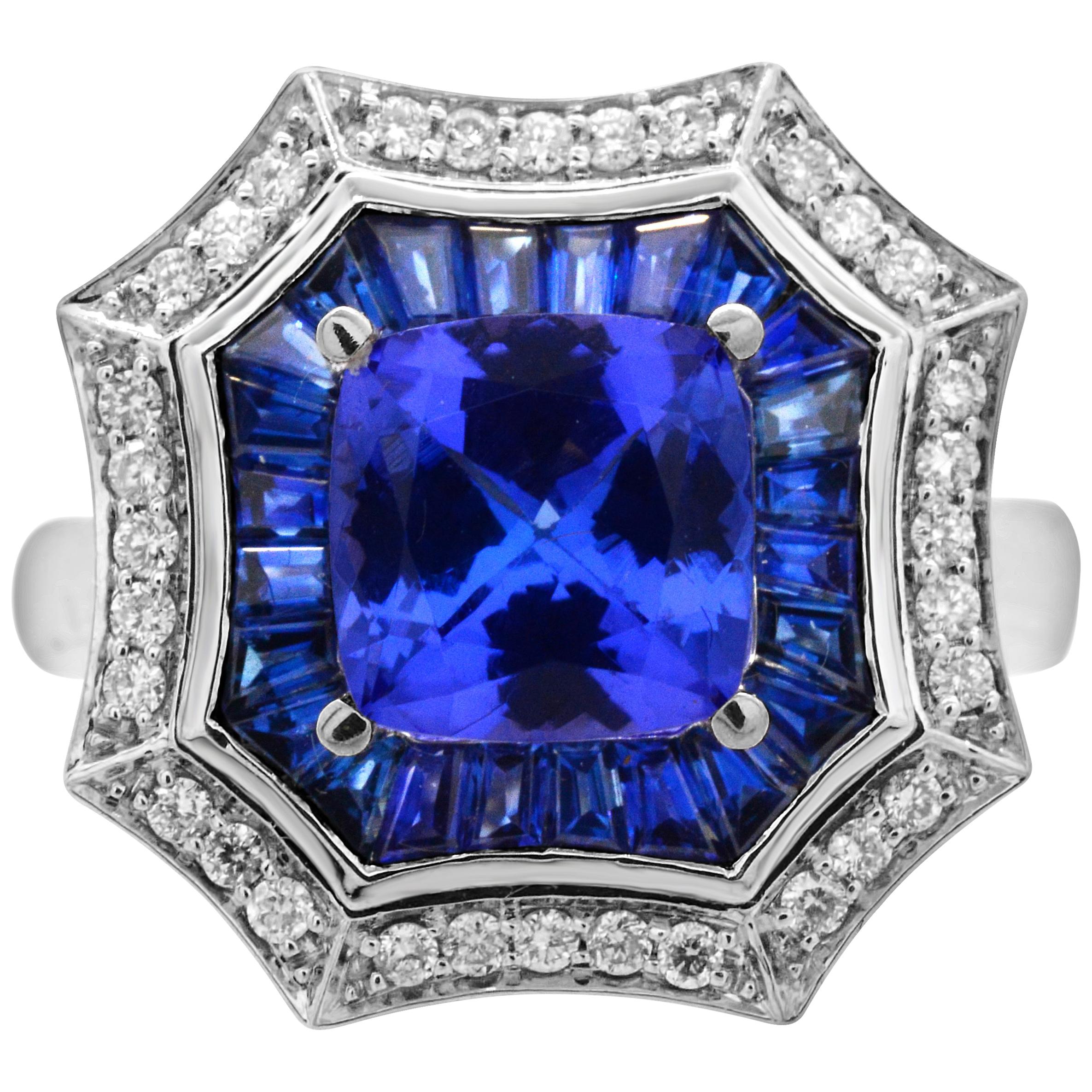 1.45 Cushion Tanzanite Baguette Sapphire Diamond 14K White Gold Cocktail Ring s7 For Sale