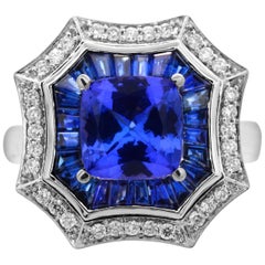 1.45 Cushion Tanzanite Baguette Sapphire Diamond 14K White Gold Cocktail Ring s7