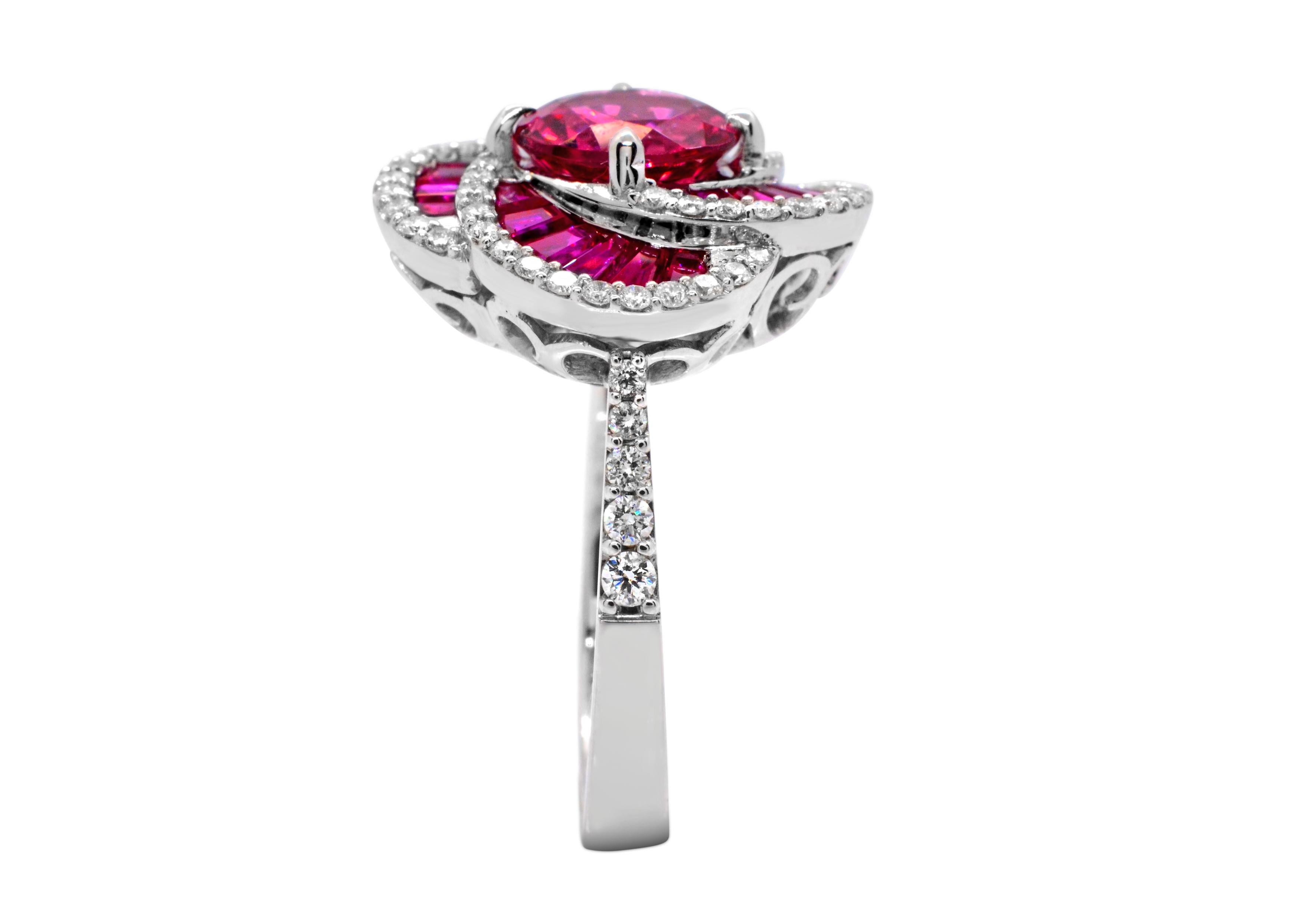 1.73 Carat Round Pink Tourmaline Ruby 14Karat White Gold Cocktail Flower Ring In New Condition For Sale In New York, NY