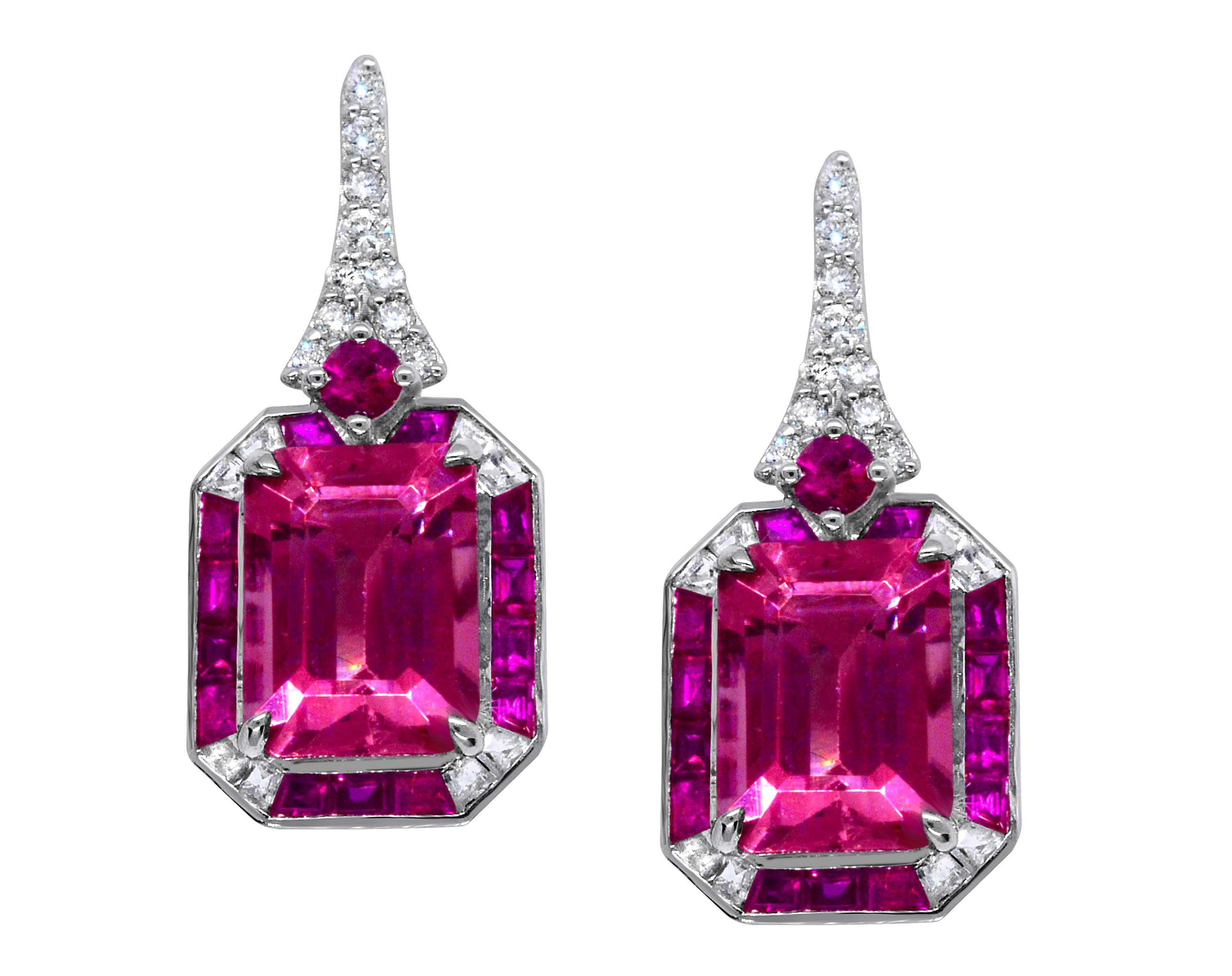 Contemporary IGL Certified 2.32 Carat Emerald Cut Pink Tourmaline Ruby 14K Cocktail Earrings