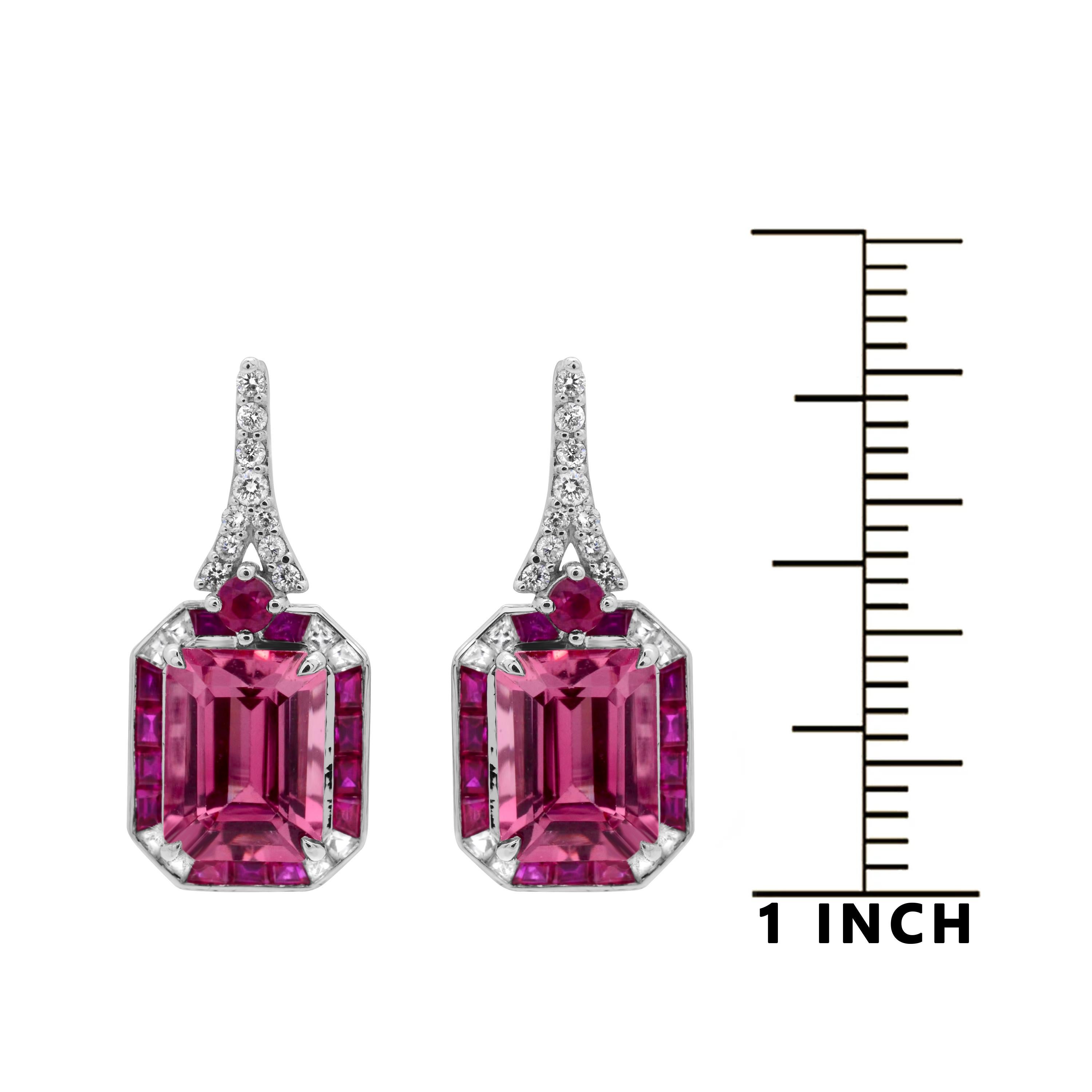 IGL Certified 2.32 Carat Emerald Cut Pink Tourmaline Ruby 14K Cocktail Earrings In New Condition In New York, NY