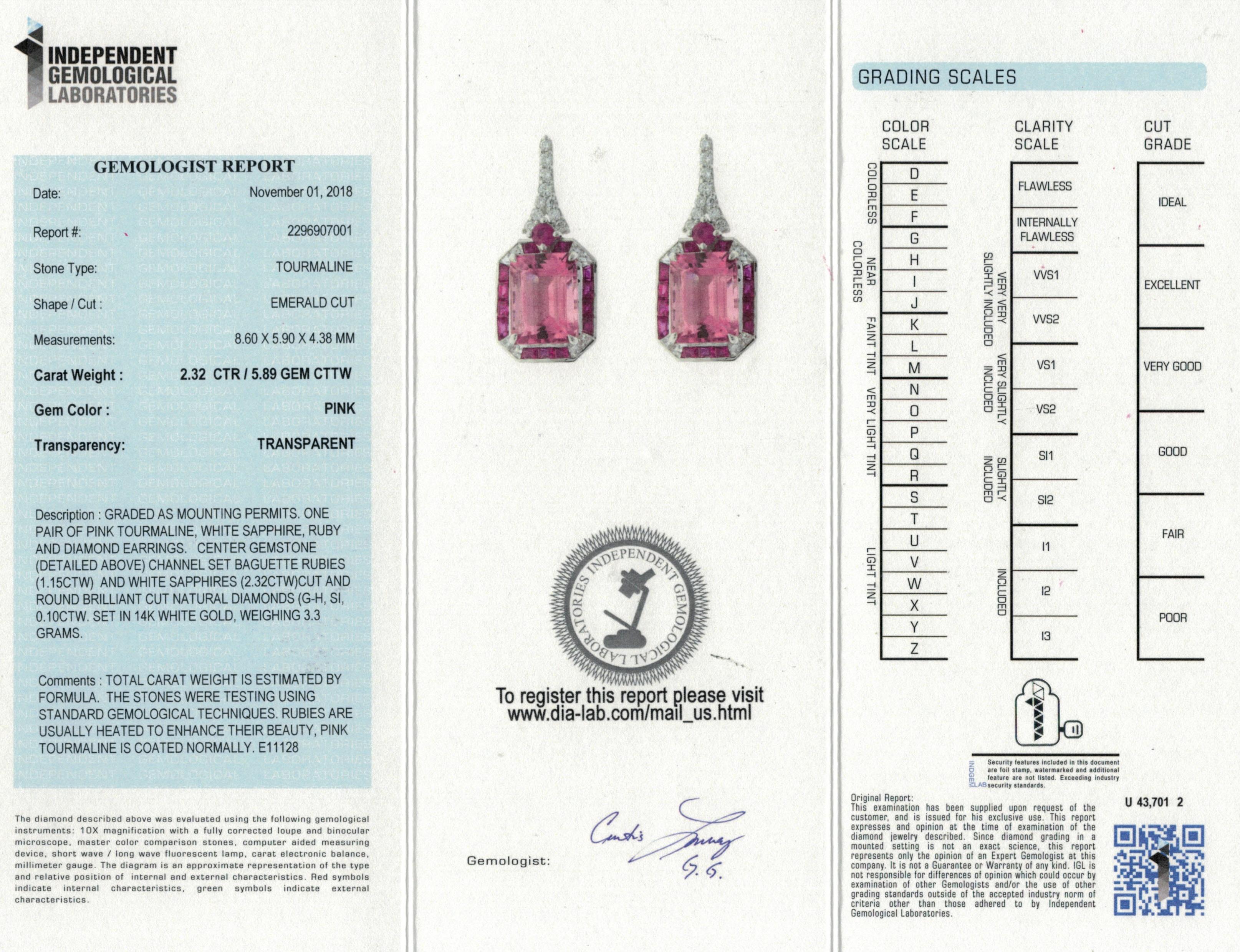 Women's IGL Certified 2.32 Carat Emerald Cut Pink Tourmaline Ruby 14K Cocktail Earrings