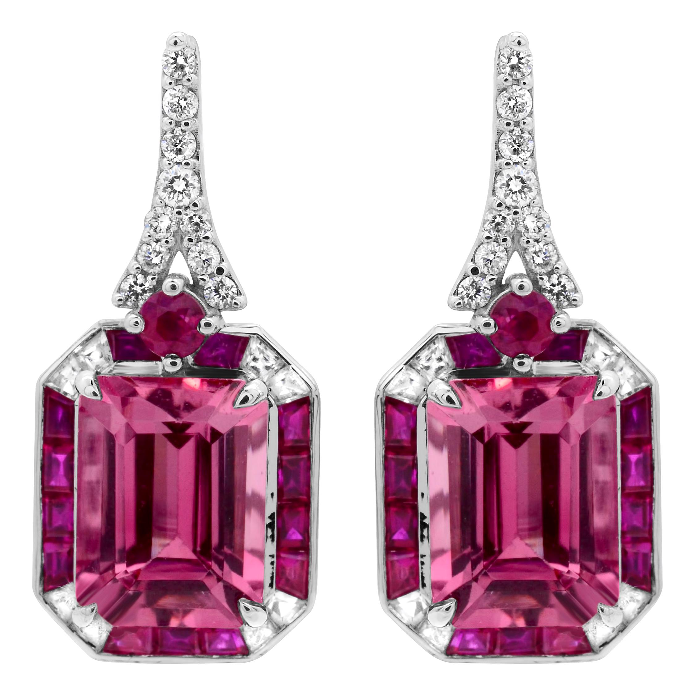 IGL Certified 2.32 Carat Emerald Cut Pink Tourmaline Ruby 14K Cocktail Earrings