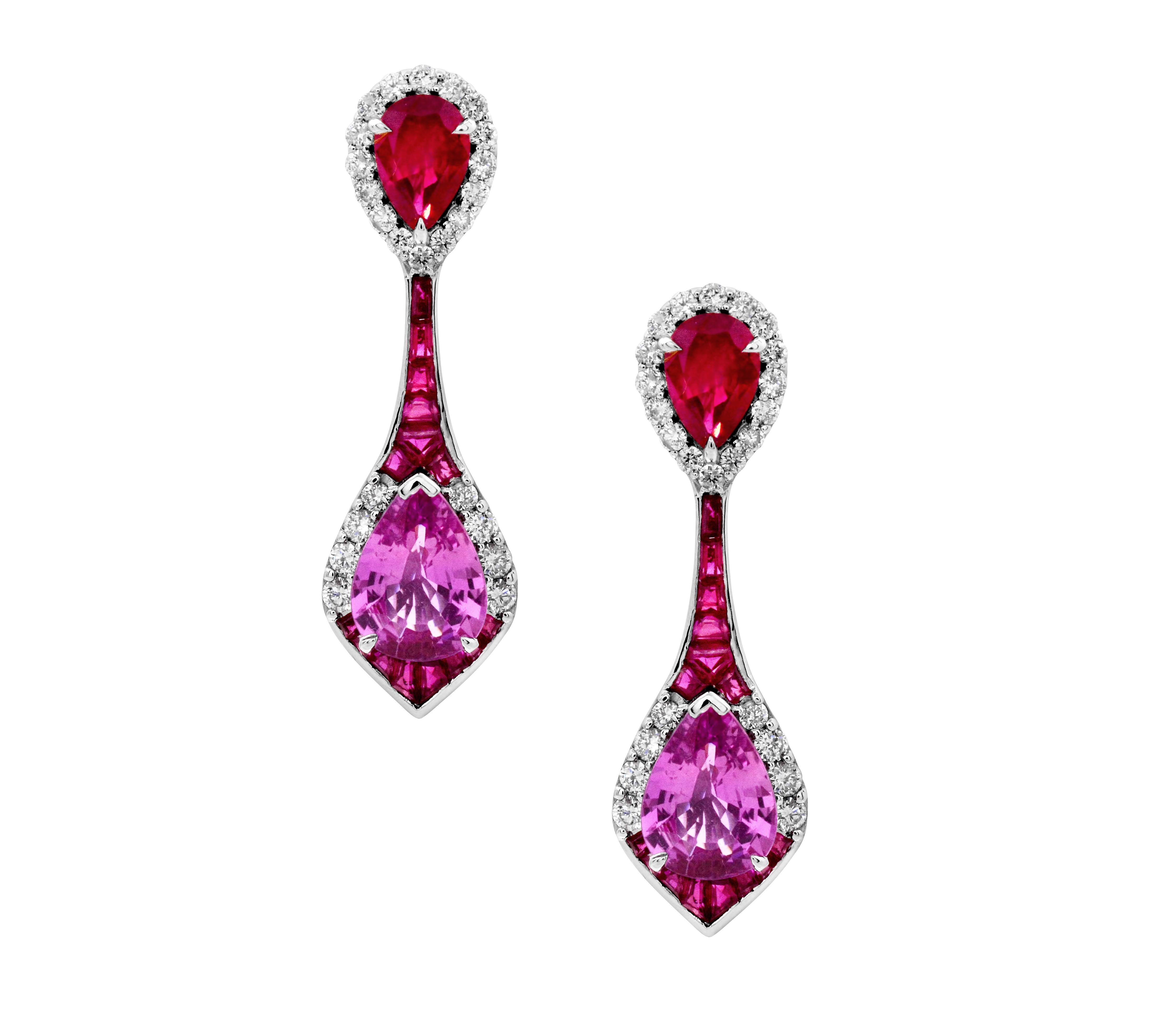 Contemporary 2.39 Pear Pink Sapphire Ruby and 0.48 Diamond 14Karat White Gold Drop Earrings For Sale