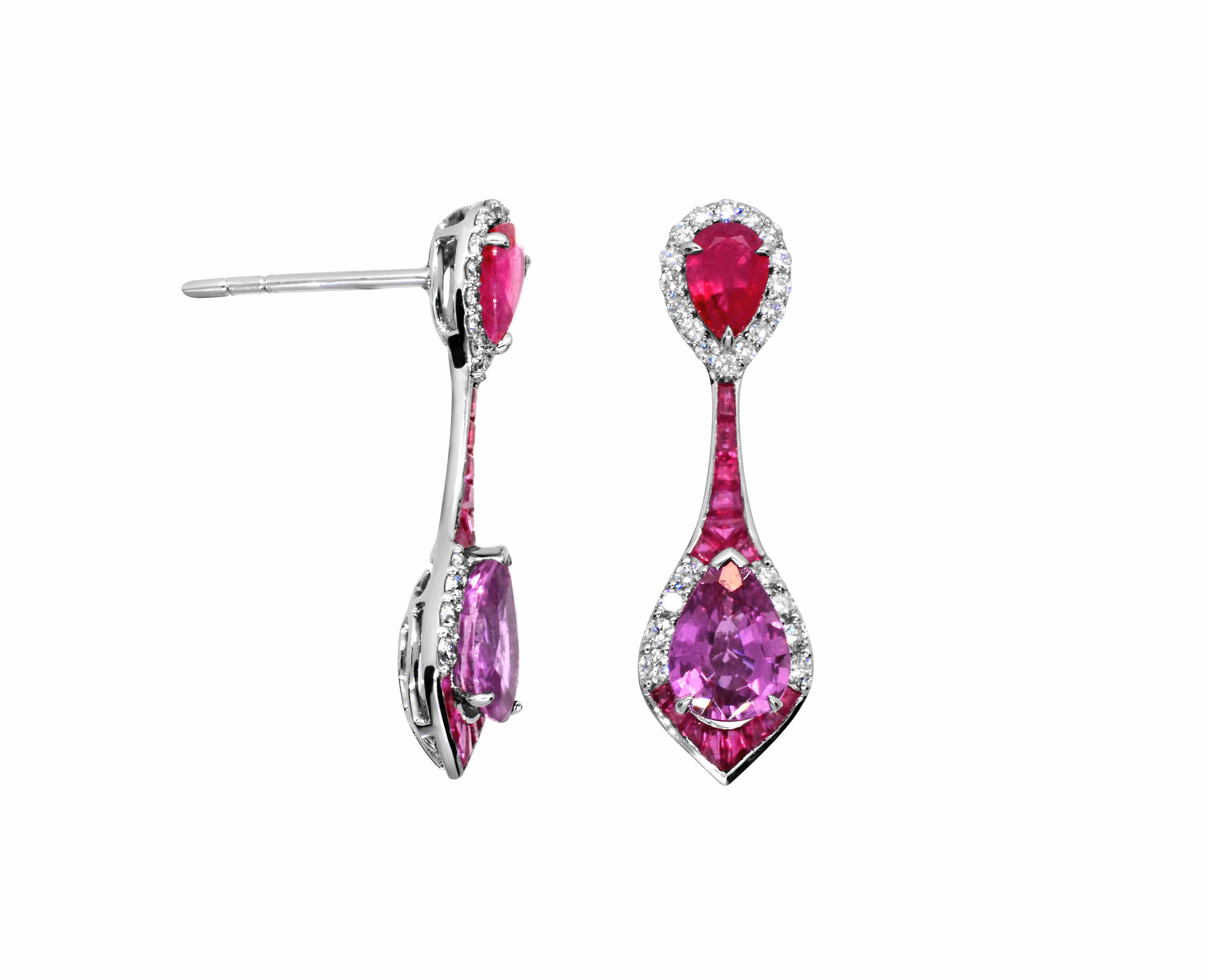 Pear Cut 2.39 Pear Pink Sapphire Ruby and 0.48 Diamond 14Karat White Gold Drop Earrings For Sale