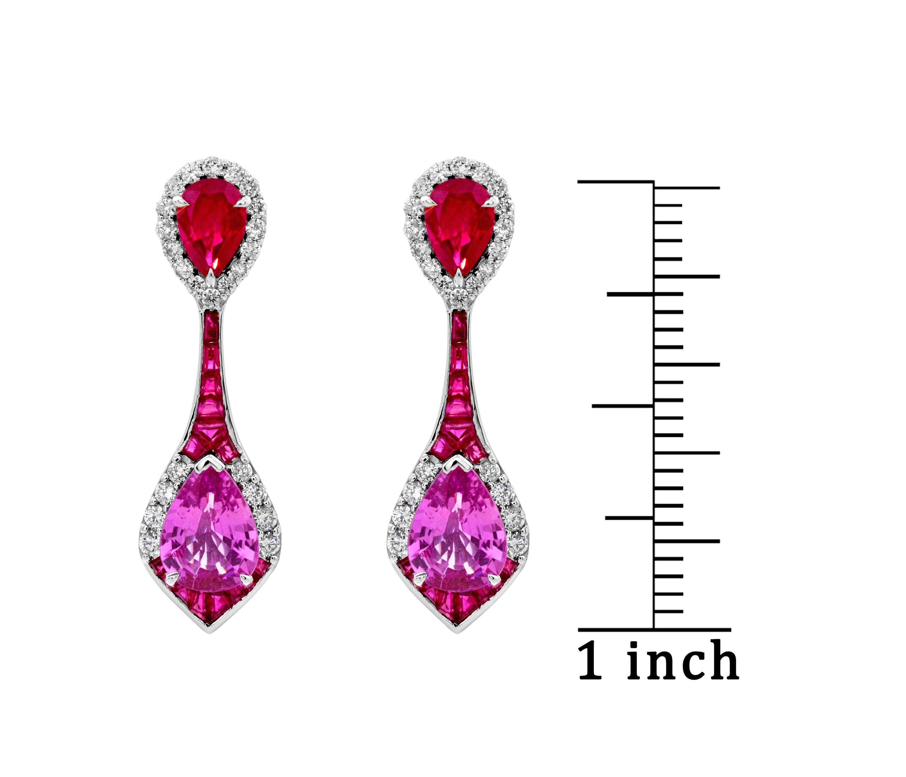 2.39 Pear Pink Sapphire Ruby and 0.48 Diamond 14Karat White Gold Drop Earrings In New Condition For Sale In New York, NY
