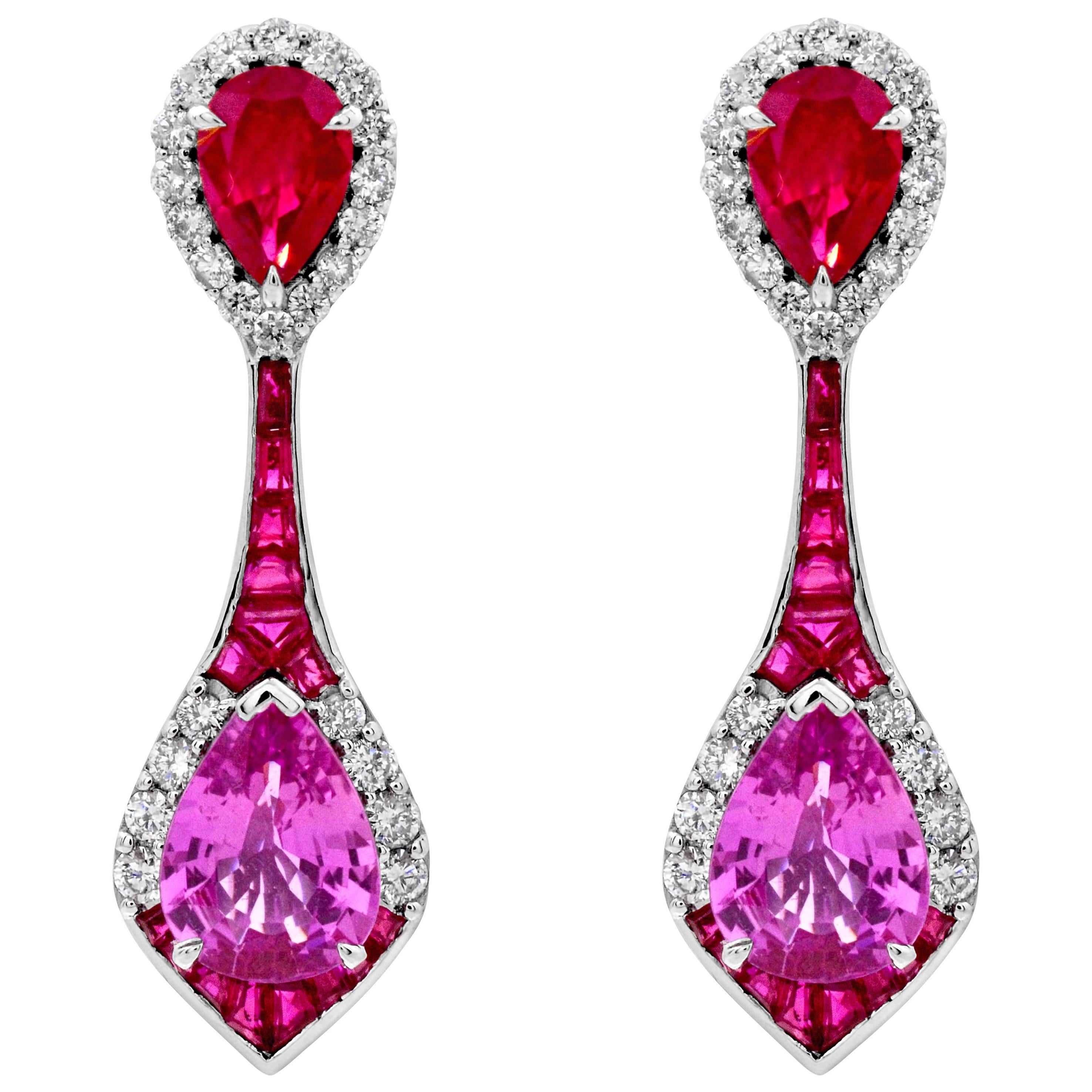 2.39 Pear Pink Sapphire Ruby and 0.48 Diamond 14Karat White Gold Drop Earrings For Sale