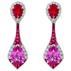 2.39 Pear Pink Sapphire Ruby and 0.48 Diamond 14Karat White Gold Drop Earrings