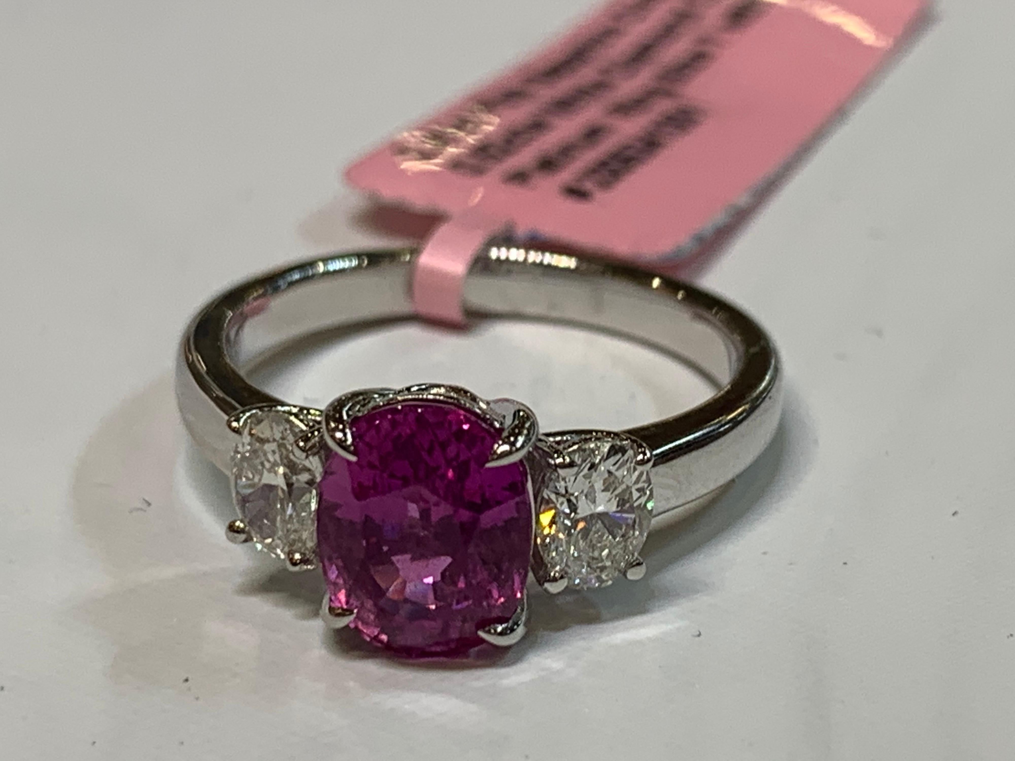 IGL Certified 2.41 Carat Pink Sapphire and Oval Diamonds Platinum Ring In New Condition In Trumbull, CT