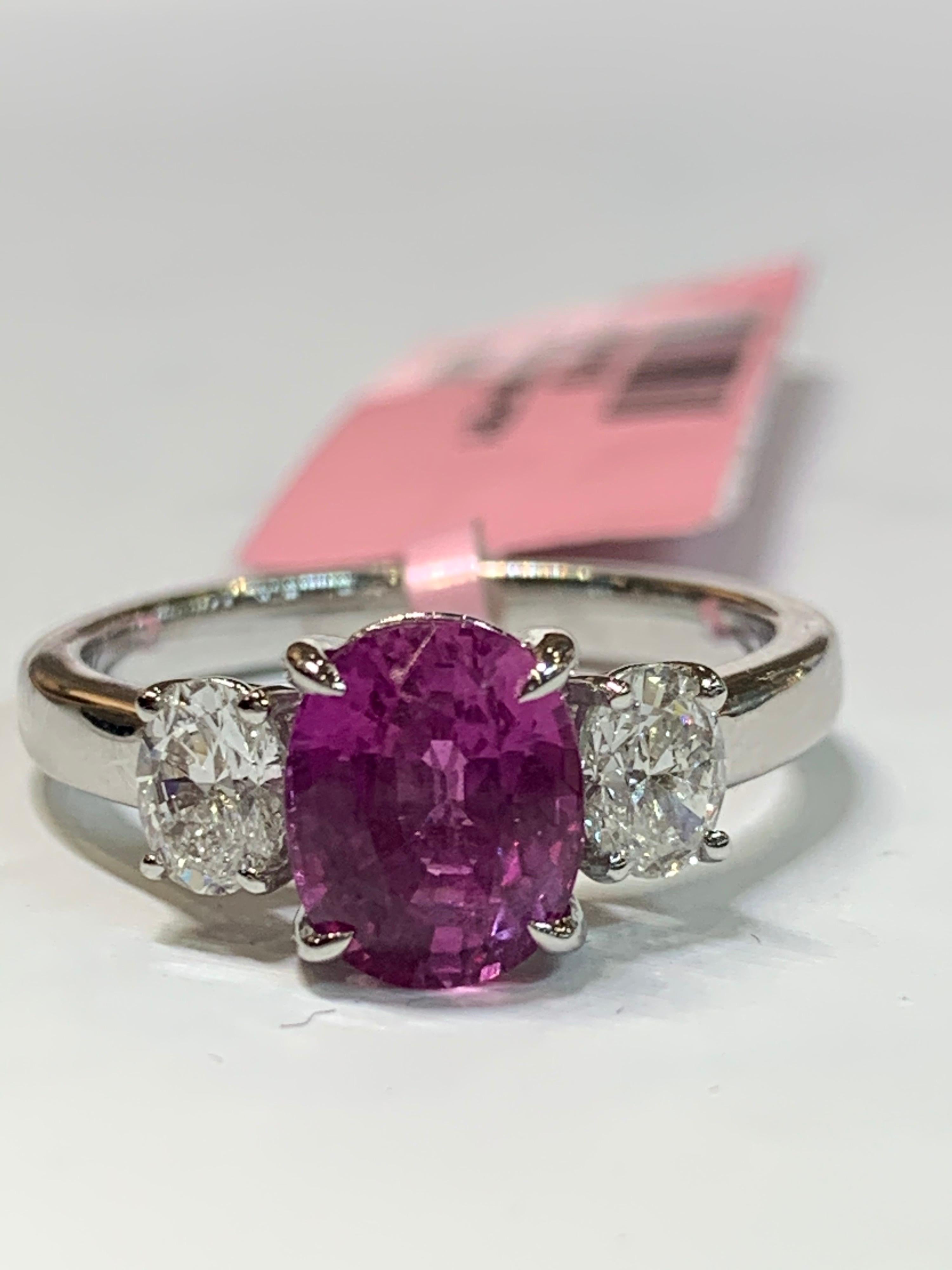 IGL Certified 2.41 Carat Pink Sapphire and Oval Diamonds Platinum Ring 1