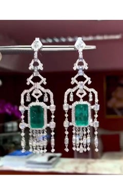 IGL Certified 28.70 Ct Natural Zambian Emeralds  8 Ct Diamonds 18K Gold Earrings