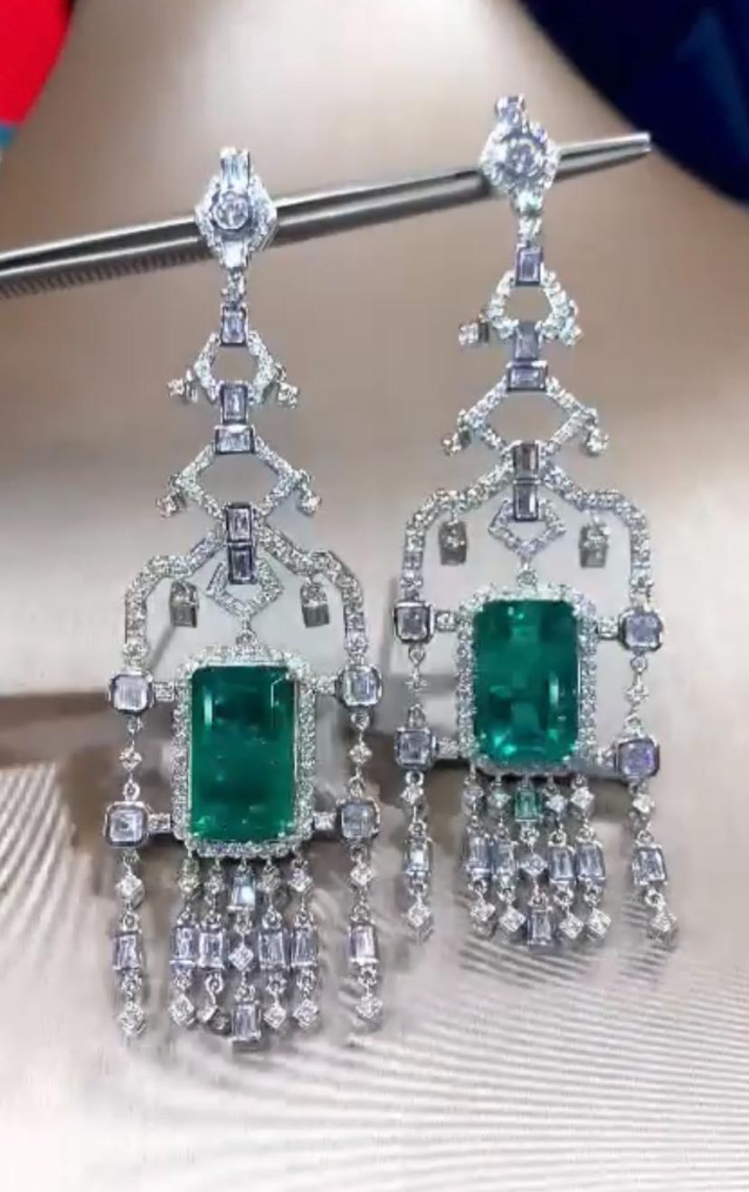 Women's IGL Certified 28.70 Ct Natural Zambian Emeralds  8 Ct Diamonds 18K Gold Earrings For Sale