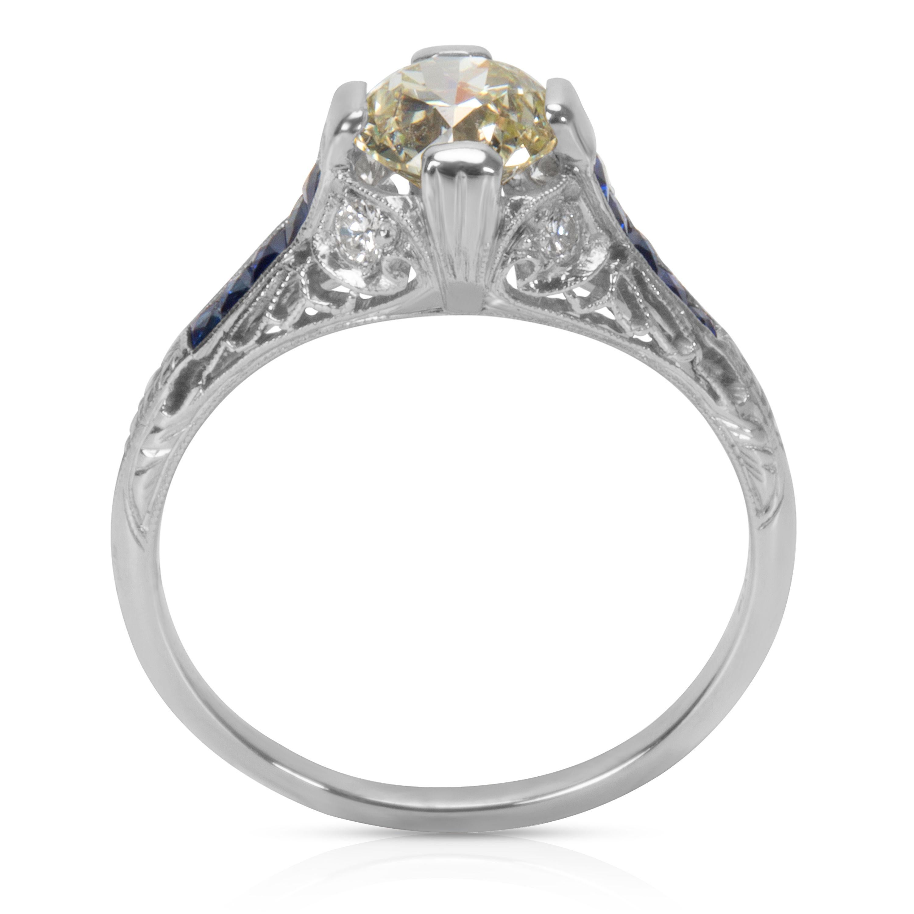 Round Cut IGL Certified Art Deco Estate Diamond and Sapphire Engagement Ring in Platinum