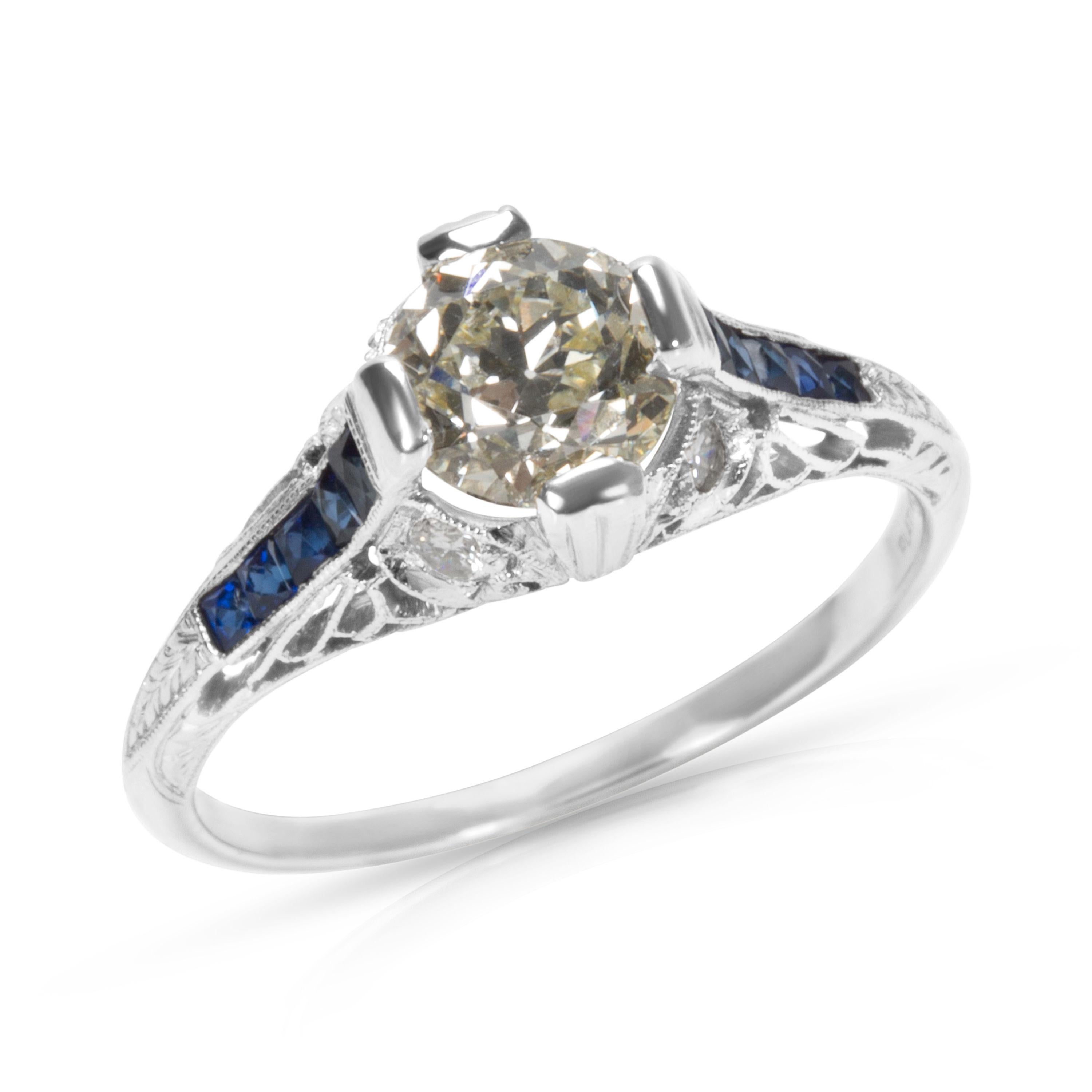 IGL Certified Art Deco Estate Diamond and Sapphire Engagement Ring in Platinum 1