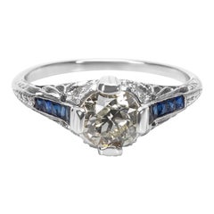 IGL Certified Art Deco Estate Diamond and Sapphire Engagement Ring in Platinum
