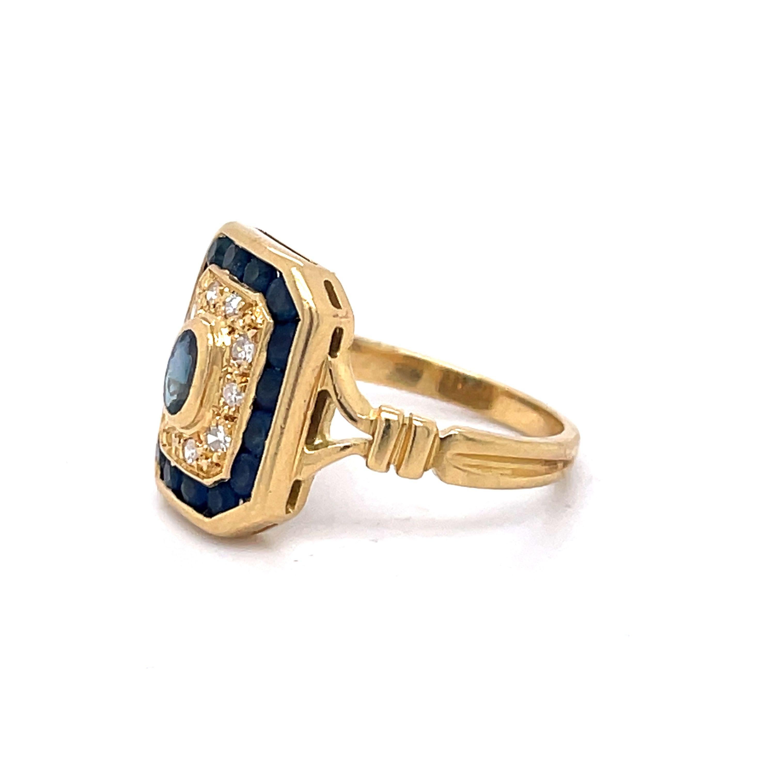 Women's or Men's IGL Certified Art Deco Sapphire and Diamond Ring, 14k Yellow Gold, Vintage Ring For Sale