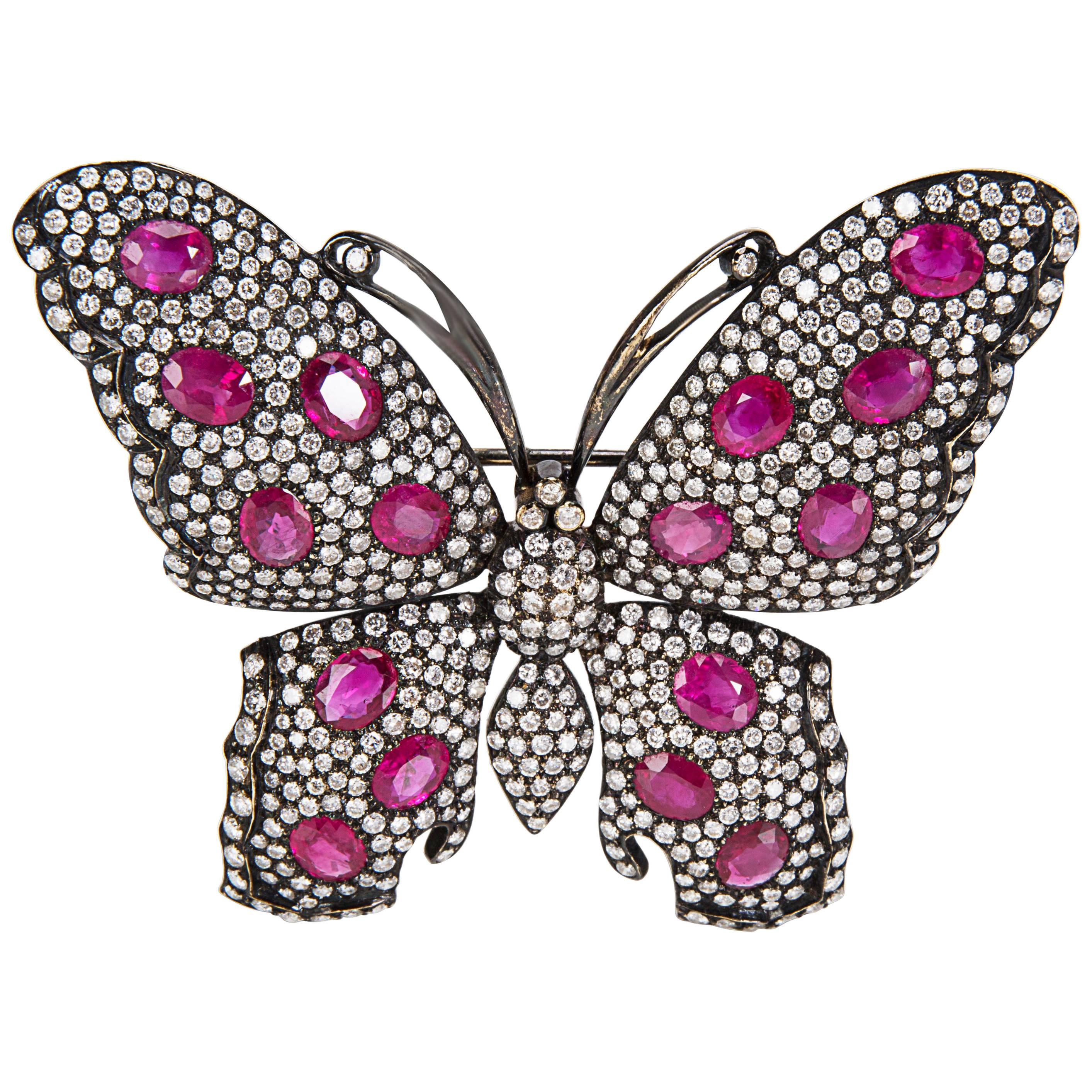 IGL Certified Diamond and Ruby Butterfly Brooch in 18 Karat Gold 6.25 Carat