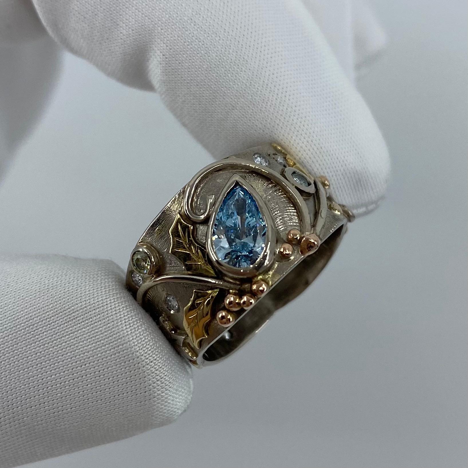 IGL Certified Fancy Blue Diamond Handmade Unique 18 Karat Gold Snowflake Ring 2