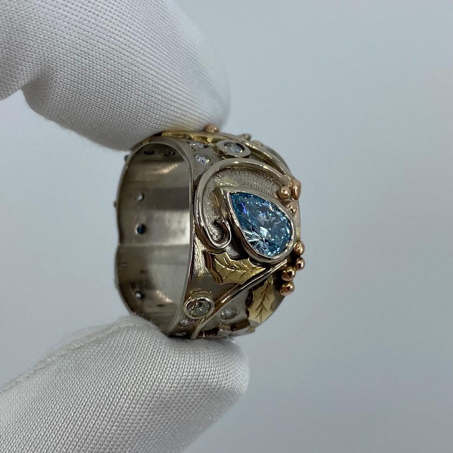 IGL Certified Fancy Blue Diamond Handmade Unique 18 Karat Gold Snowflake Ring 4