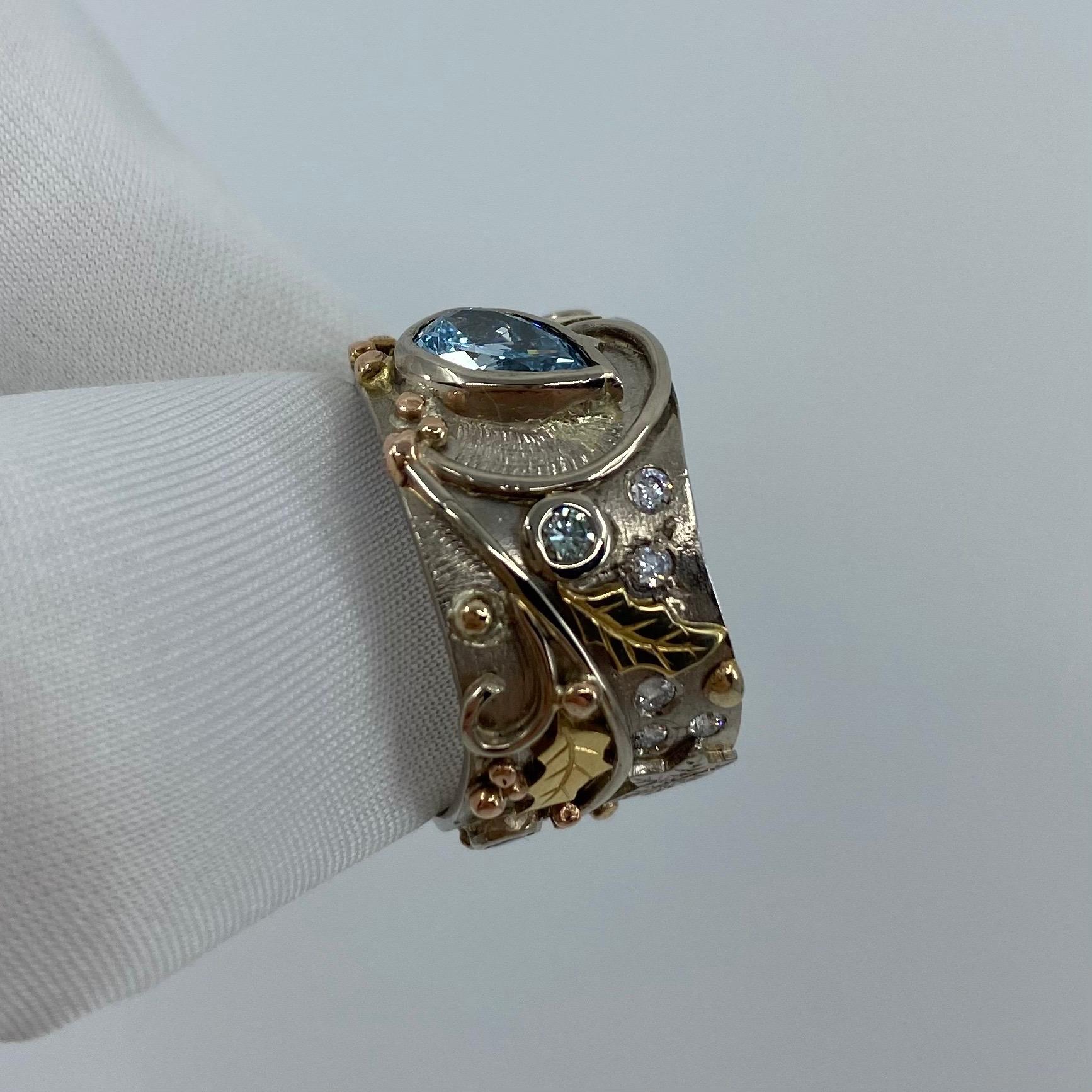 Pear Cut IGL Certified Fancy Blue Diamond Handmade Unique 18 Karat Gold Snowflake Ring