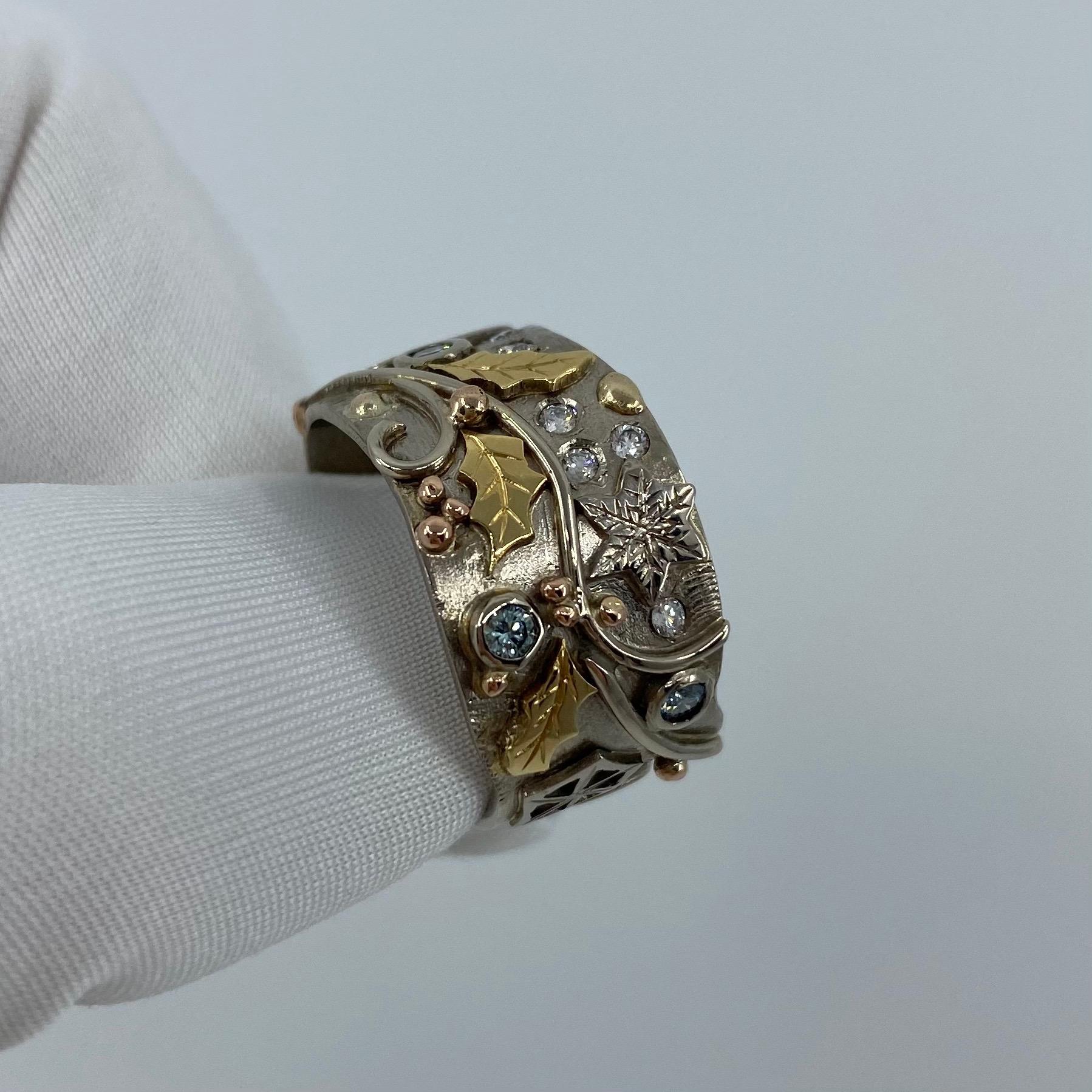 Women's or Men's IGL Certified Fancy Blue Diamond Handmade Unique 18 Karat Gold Snowflake Ring