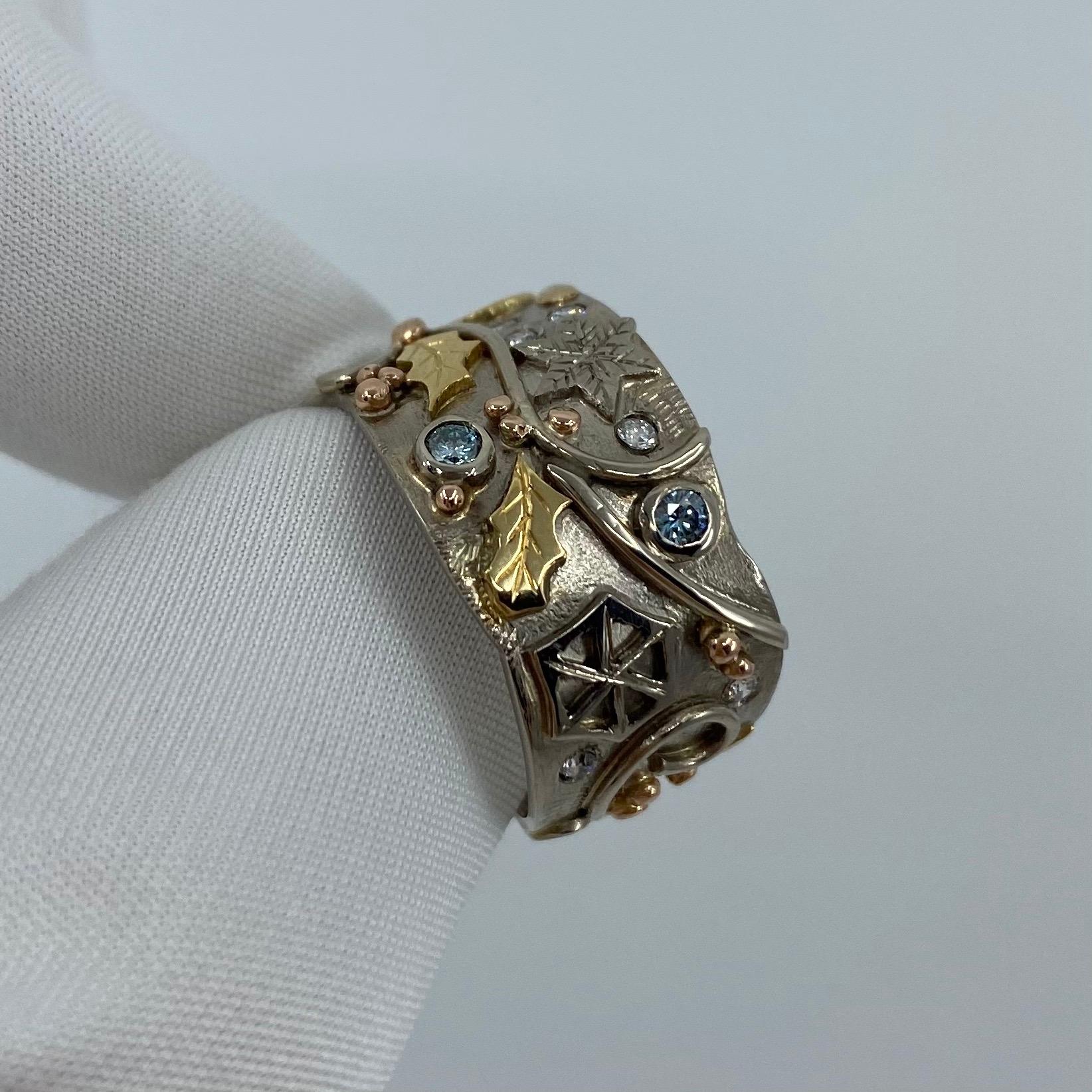 IGL Certified Fancy Blue Diamond Handmade Unique 18 Karat Gold Snowflake Ring 1