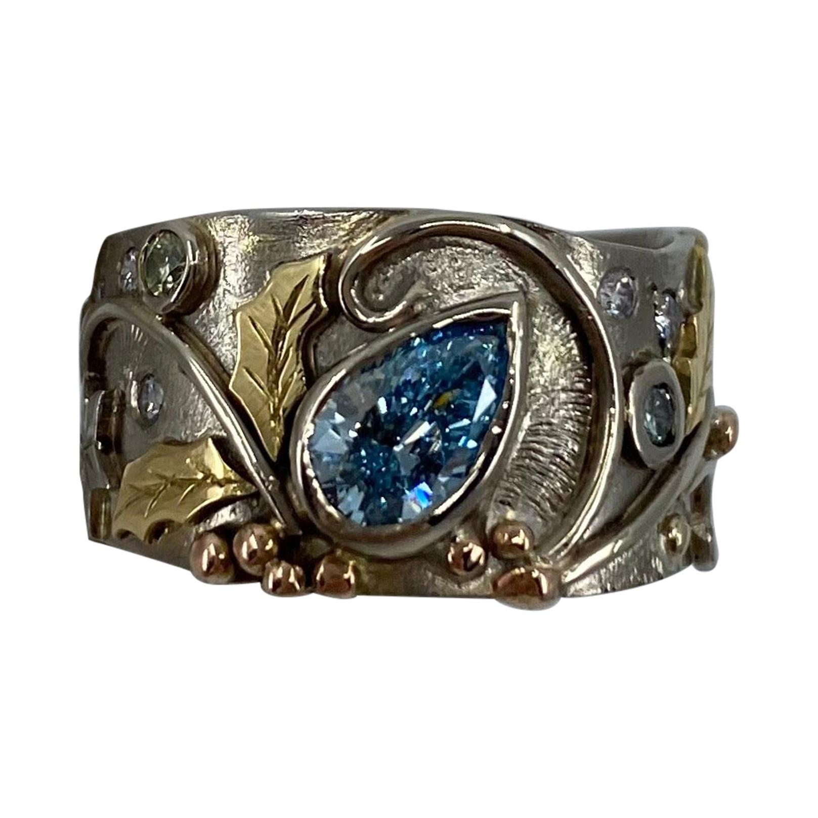 IGL Certified Fancy Blue Diamond Handmade Unique 18 Karat Gold Snowflake Ring