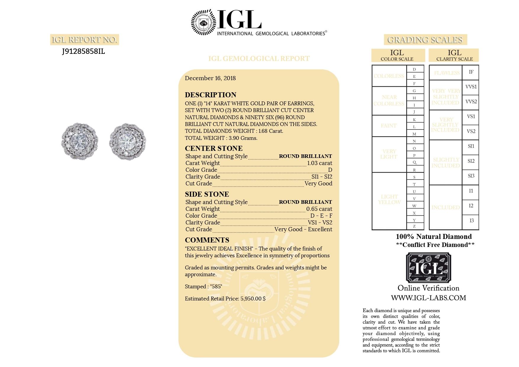 Donna Orecchini a cerchio con diamanti in oro bianco 14k certificati IGL con pietre centrali da 1,03ct in vendita