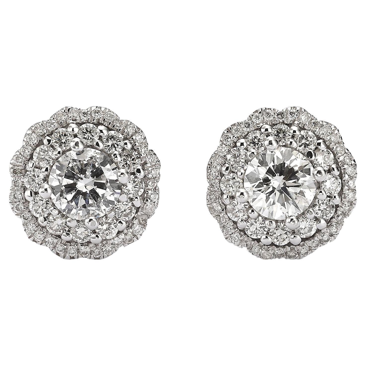 Boucles d'oreilles Halo en or blanc 14 carats certifié IGL avec pierres centrales de 1,03 carat