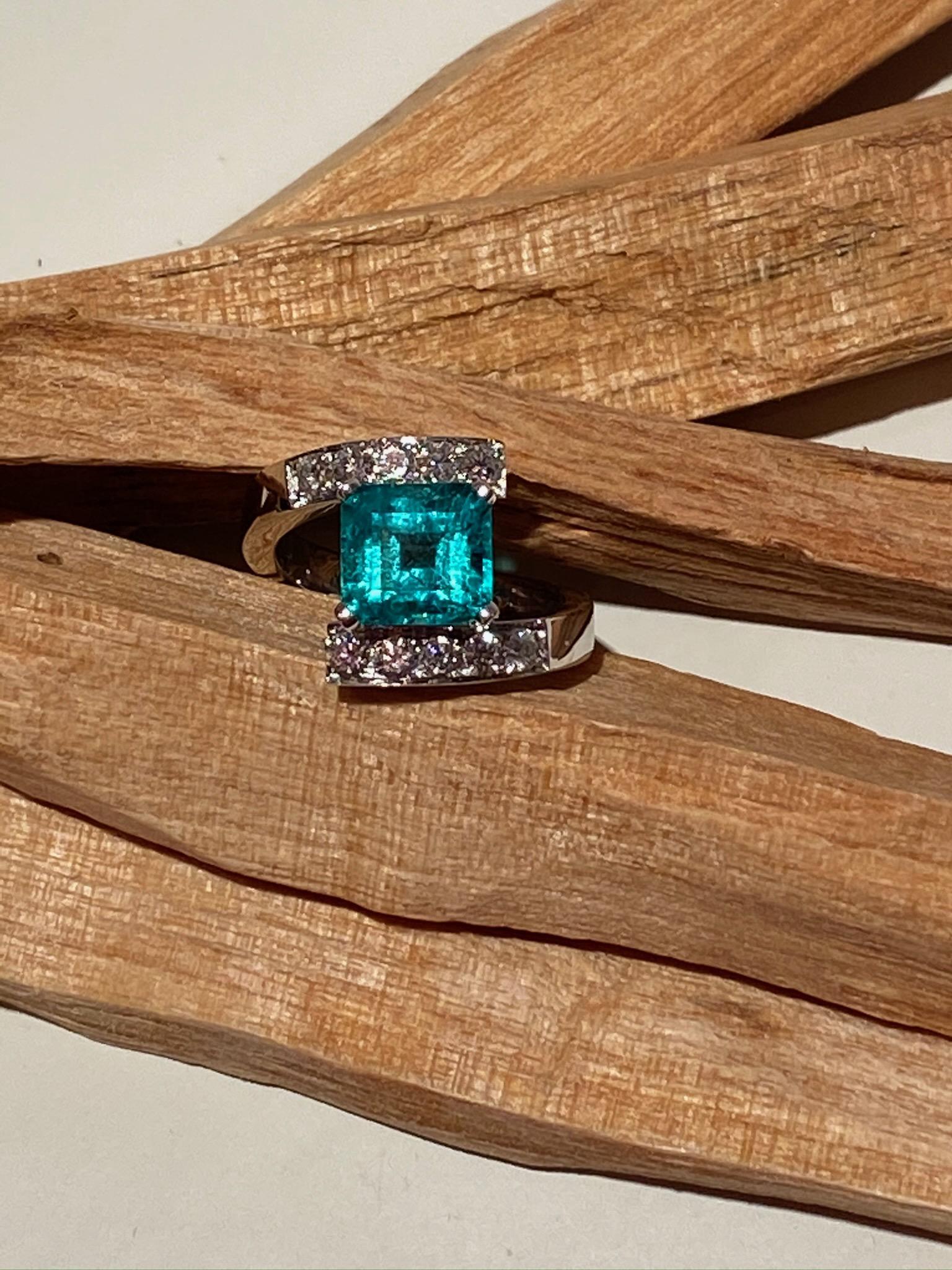 Emerald Cut IGN Certified 2.10 Karat Emerald 18K White Gold White Diamonds Cocktail Ring For Sale
